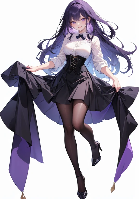 Purple Hair,Long Hair,Adult female,White Y-shirt,((Roll up her sleeves)),((The sleeves of the shirt she is wearing are rolled up)),(corset),(Black tight skirt),(High heels),((Simple white background)),smile,((full body)),((whole body)),