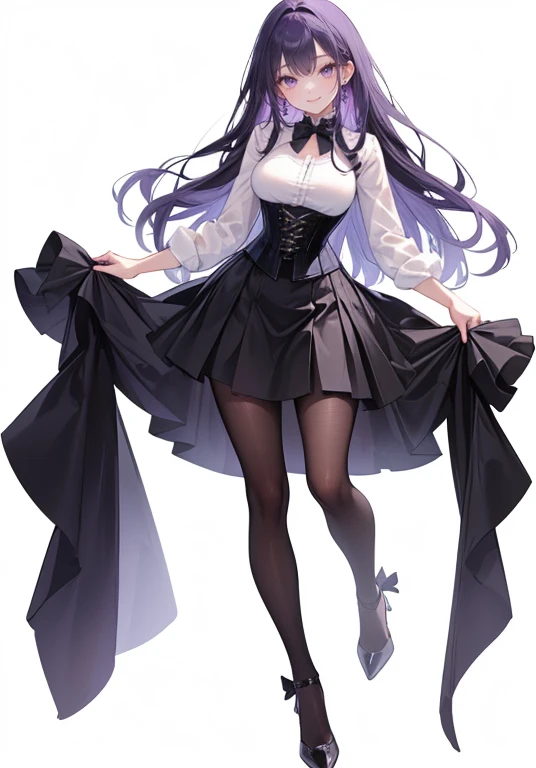 Purple Hair,Long Hair,Adult female,White Y-shirt,((Roll up her sleeves)),((The sleeves of the shirt she is wearing are rolled up)),(corset),(Black tight skirt),(High heels),((Simple white background)),smile,((full body)),((whole body)),