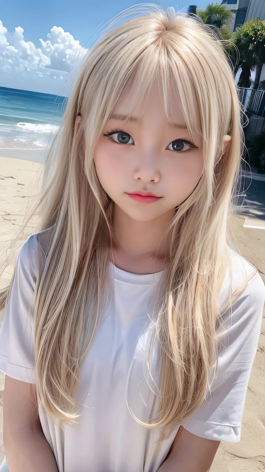 Sunburn marks on tanned skin、Bright blonde hair,A cute 20-year-old girl with a cute look, A strong wind blows my hair in front of my face、beautiful short blonde hair、beautiful, Cute eyes hidden by long bangs、Yawn、No visible nasolabial folds、