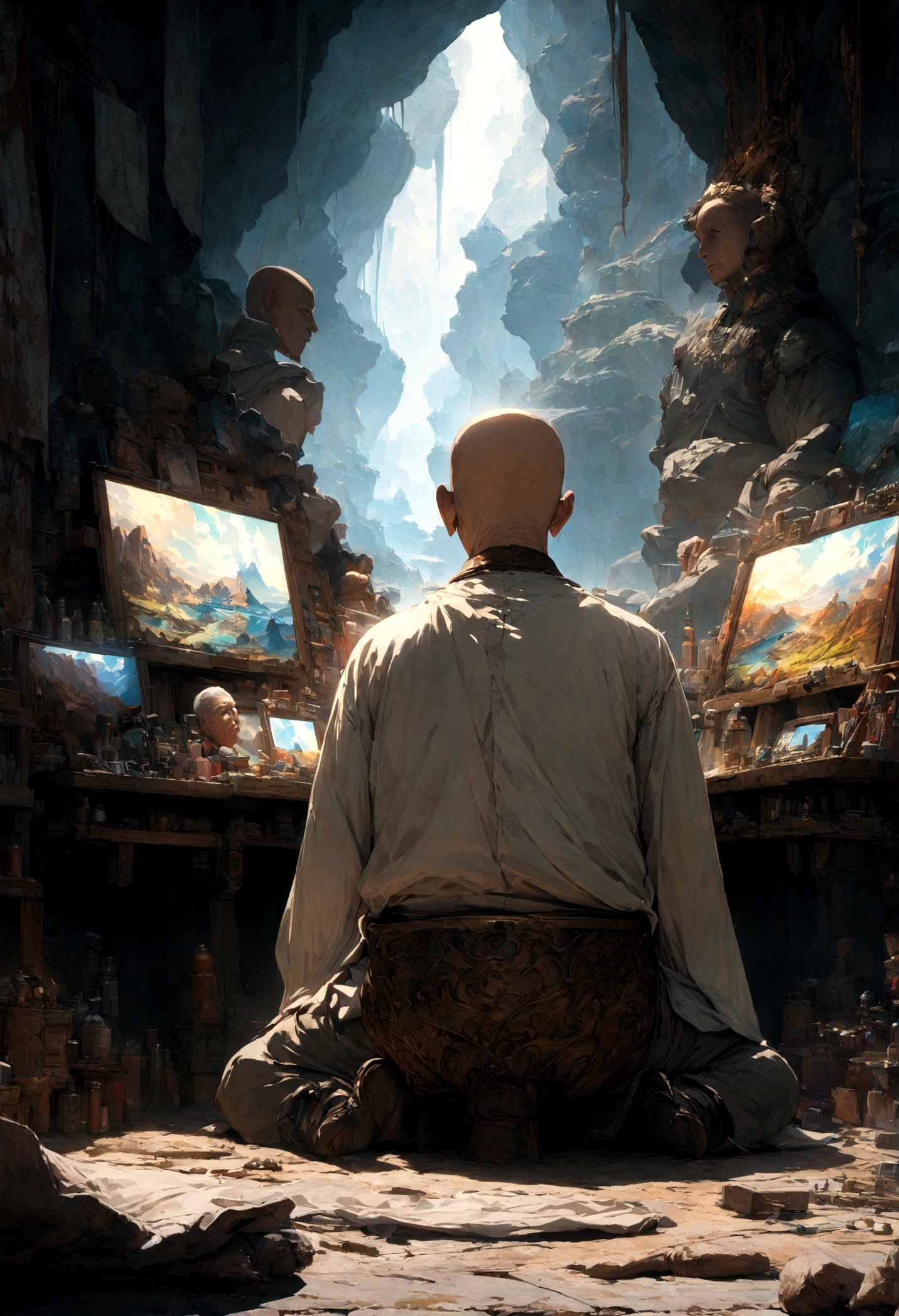 An old man meditating facing the wall inside a cave、Back view、Skinhead、Cover with cloth、Art Station, High resolution, Intricate details, Cinematic, highest quality, 4K, 8k, High resolution, masterpiece