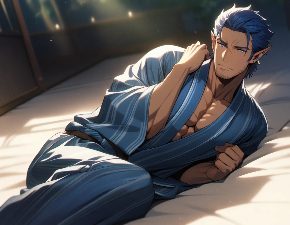 1man, mature elf, 40yo, blue short hair, forehead, masculine handsome mature, tanned skin, stubble, tough gentleman, flaped backhair, ear cuff, blue eyes, male high ratio body proportions, beautiful detailed eyes, smart muscular, BREAK solo, fullbody, yukata, lying on side, sexy emotion, in washitsu, detailed background, caustics, textile shading, lens flare, light leaks, netori father, romantic mood, dutch angle, 2010s, in isekai style, extreme all detailed, sharp vision, masterpiece, best quality