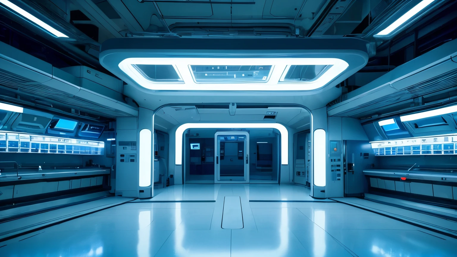 ((best quality)), ((masterpiece)), ((realistic)), A clean, futuristic laboratory scene filled with advanced technology and illuminated by white neon lights, empty and pristine.