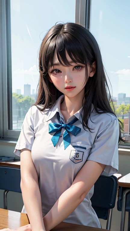 high school girl、classroom、Window seat、Upper Body、Daytime、One hand is being pulled、