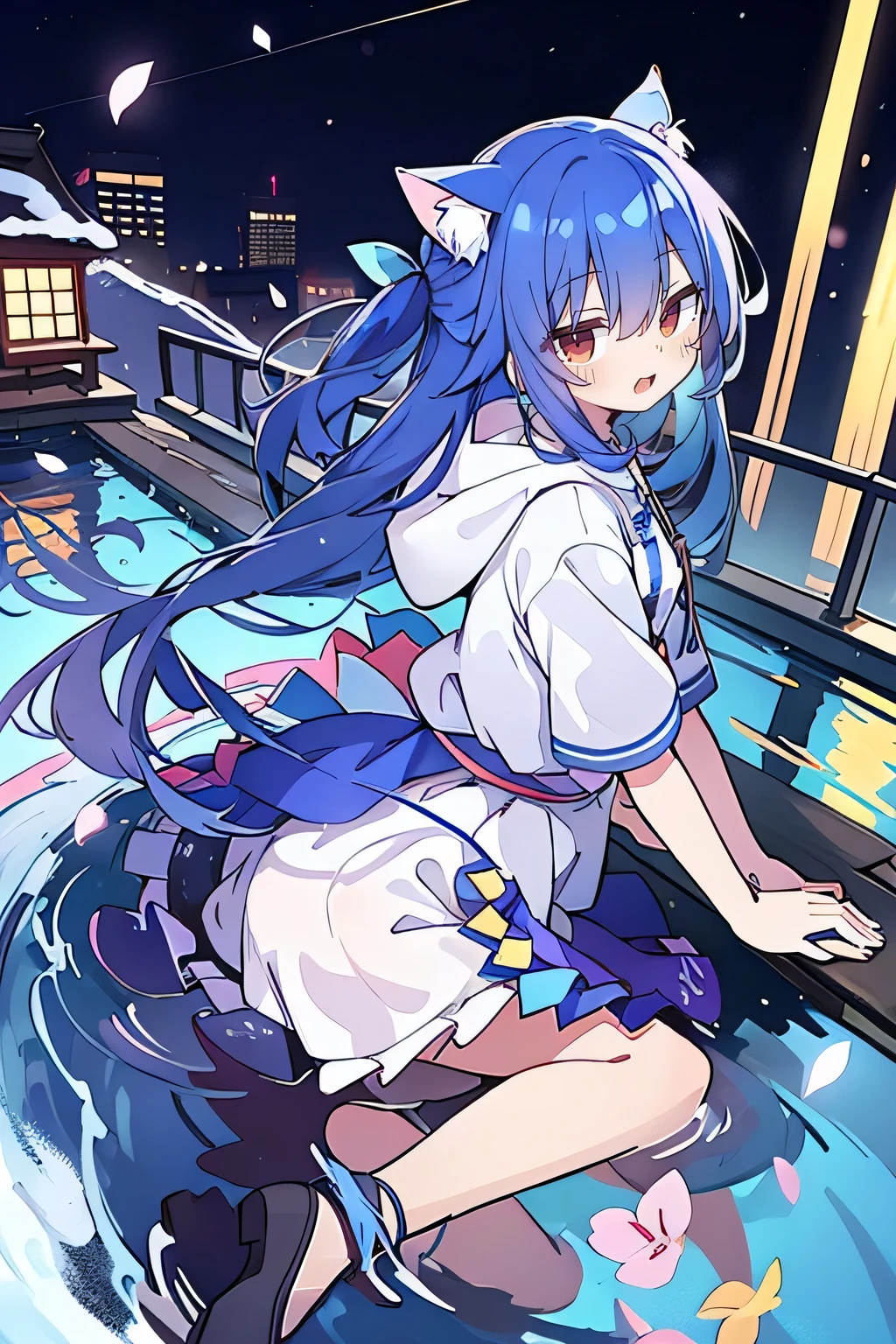(masterpiece:1.2),Super detailed,lifelike,Expressive eyes,fair skin,perfect face shape,1 girl,
Japanese comics,Gorgeous blue hair,flowing blue hair,flowing clothes,Cat ears,Petals fall,beautiful lola,Baby Angel,
Shaking head with one hand,Cross your legs,Gentle and peaceful background,The pavilion is cool and comfortable,smile, wearing hoodie, background of tokyo,back views,snowing, winter,lie on the water.