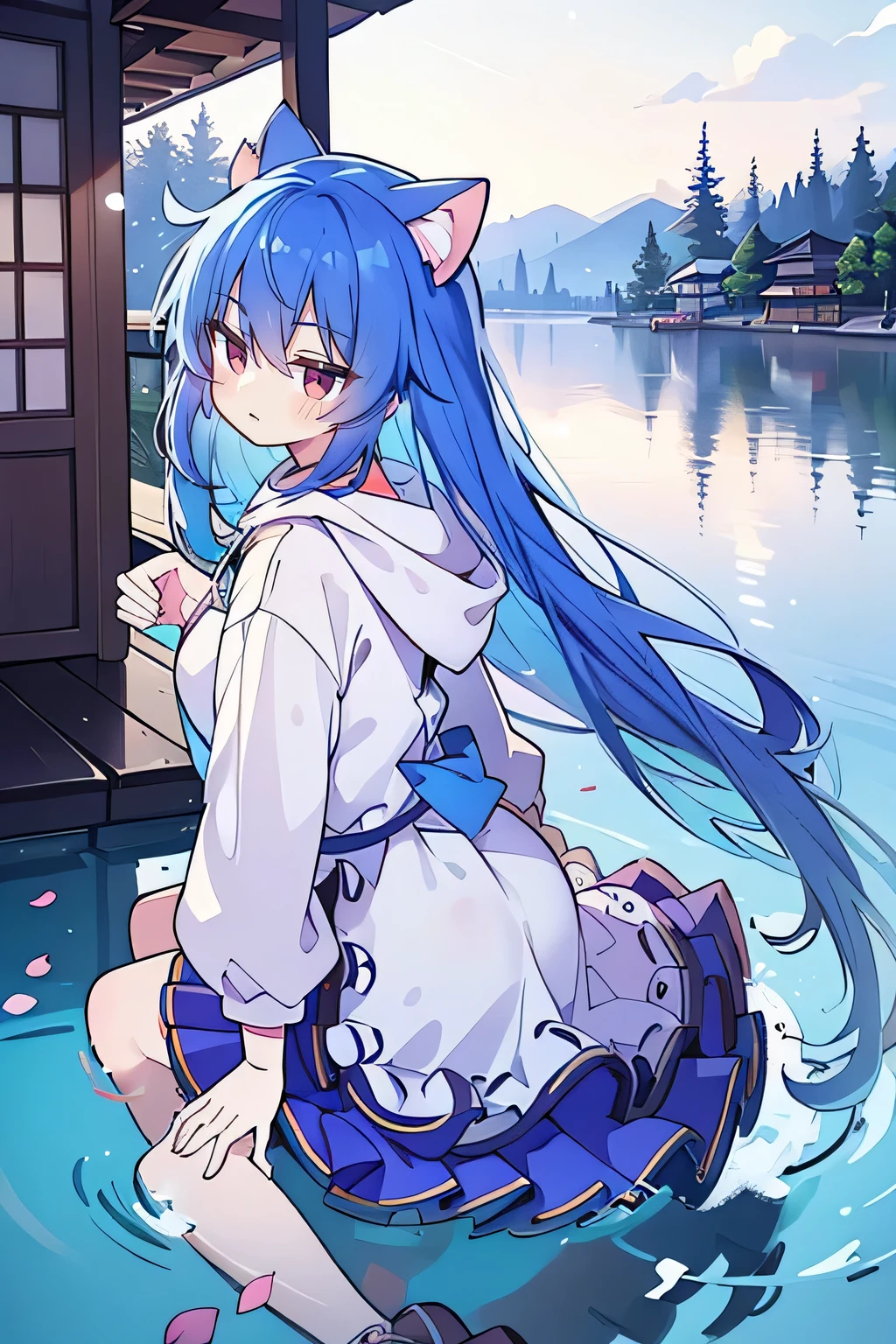（masterpiece：1.2），Super detailed，lifelike，Expressive eyes，fair skin，perfect face shape，1 girl，
Japanese comics,Gorgeous blue hair,flowing blue hair,flowing clothes,Cat ears,Petals fall,beautiful lola,Baby Angel,
Shaking head with one hand，Cross your legs，Gentle and peaceful background，The pavilion is cool and comfortable,smile, wearing hoodie, background of tokyo,back views,snowing, winter,lie on the water.