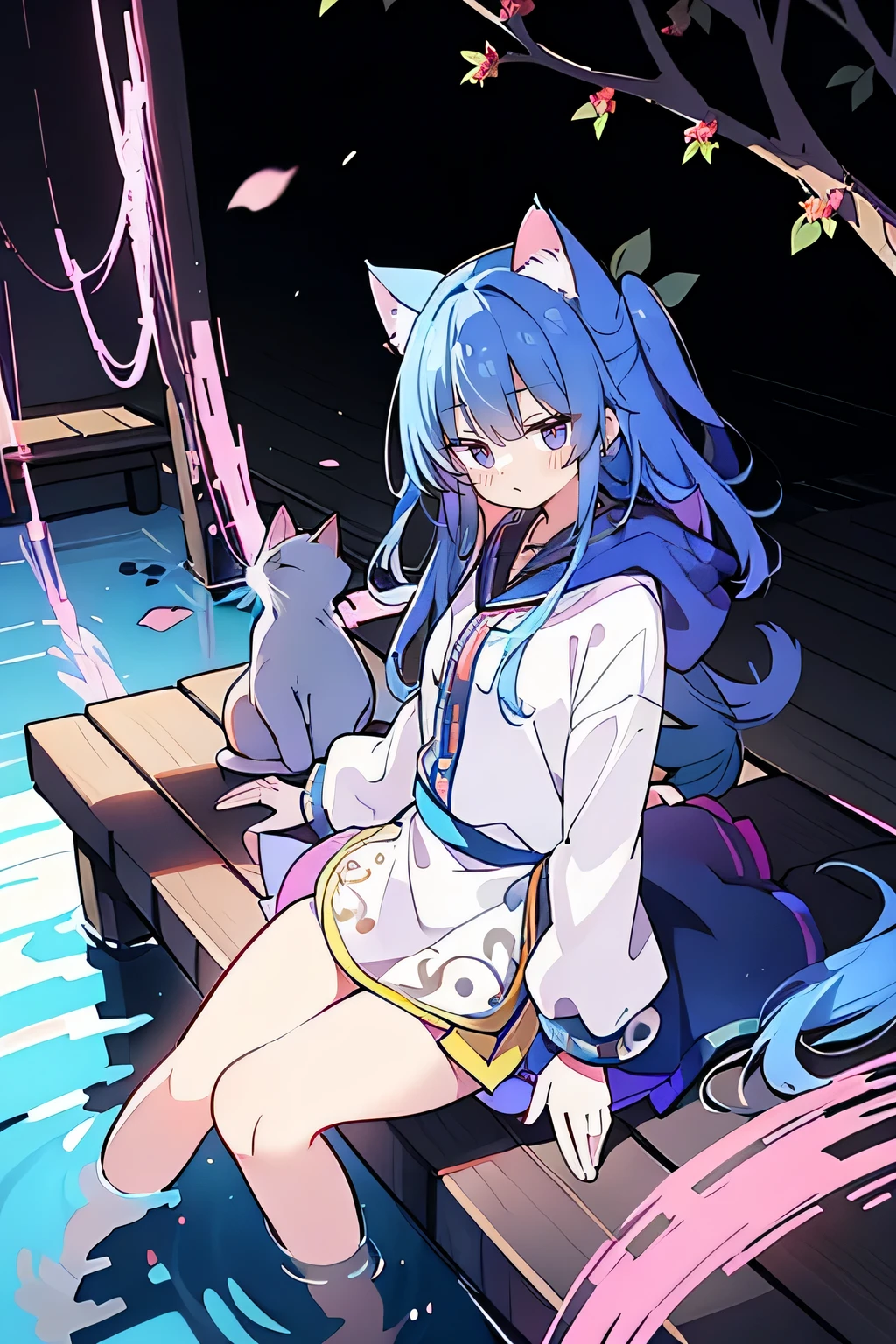 (masterpiece:1.2),Super detailed,lifelike,Expressive eyes,fair skin,perfect face shape,1 girl,
Japanese comics,Gorgeous blue hair,flowing blue hair,flowing clothes,Cat ears,Petals fall,beautiful lola,Baby Angel,
Shaking head with one hand,Cross your legs,Gentle and peaceful background,The pavilion is cool and comfortable,smile, wearing hoodie, background of tokyo,back views,snowing, winter,lie on the water.