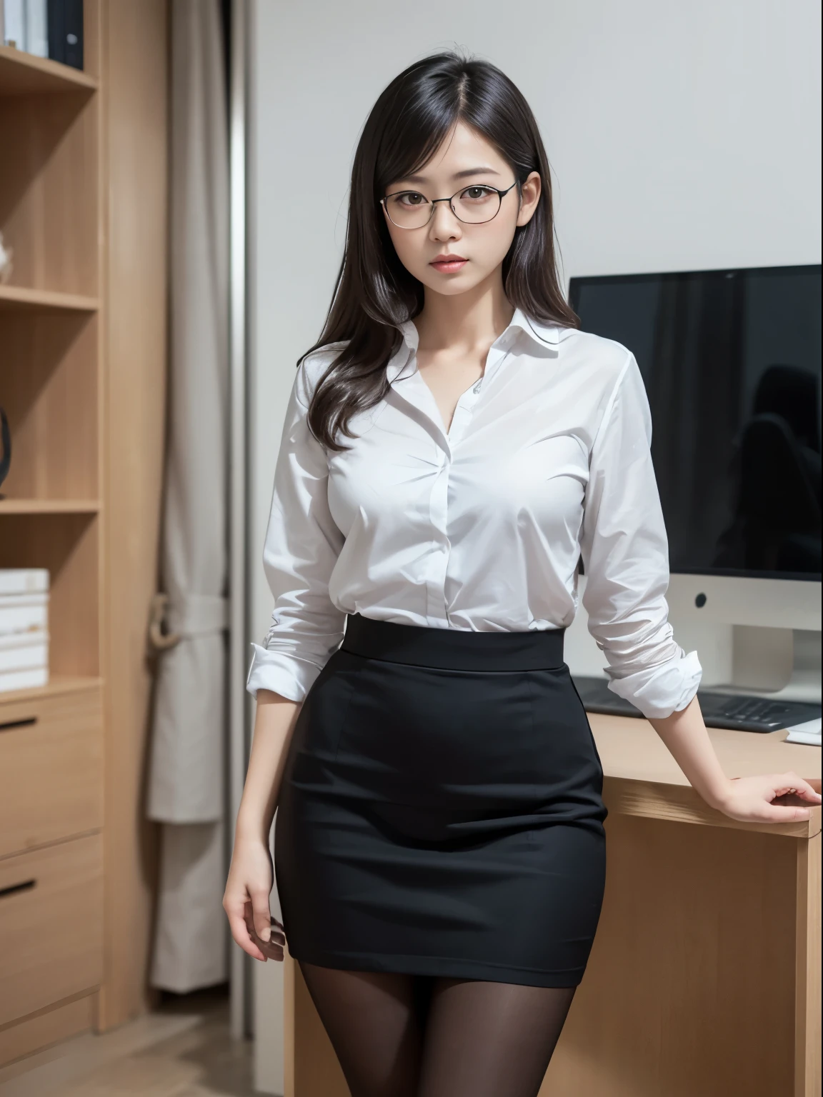 (alone、solo)、A 20-something office lady in an office uniform poses for a photo、(Black Pantyhose)、(Half Up)、victory、Tsundere、Single knot、OL、suit、Blue mall face、anger、、Glasses、Slim girl model photo、Body:The smallest middle-aged man in history、Female Model、Japanese female fashion model、(8K、RAW Photos、Highest quality、masterpiece:1.2)、(Real、Photorealistic:1.37)、Ultra high definition、Ultra high definition、Office Street、Standing position、whole body、((((SEXY)))