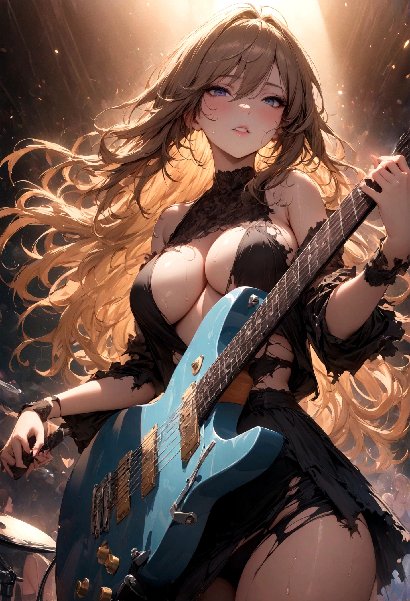 ((Masterpiece, top quality, high resolution)), ((highly detailed CG unified 8K wallpaper)), (huge stunning goddess shot, very hot and sexy, jaw-dropping beauty, perfect proportions, beautiful body, slim body beauty:1.1), Woman with blue guitar and torn shirt, dreamy rock girl, holding silver electric guitar, girl playing guitar, holding electric guitar, portrait of woman like leor, Shaggy blond hair, splashing sweat, cleavage, holding electric guitar, holding electric guitar, electric guitar, electric playing guitar, promo shoot photos, rocking out, On a dark live music stage, silhouette emerging from the backlight, seen from below,