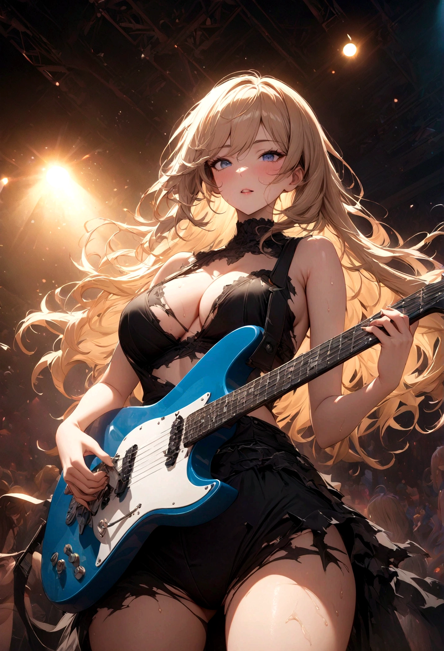 ((Masterpiece, top quality, high resolution)), ((highly detailed CG unified 8K wallpaper)), (huge stunning goddess shot, very hot and sexy, jaw-dropping beauty, perfect proportions, beautiful body, slim body beauty:1.1), Woman with blue guitar and torn shirt, dreamy rock girl, holding silver electric guitar, girl playing guitar, holding electric guitar, portrait of woman like leor, Shaggy blond hair, splashing sweat, cleavage, holding electric guitar, holding electric guitar, electric guitar, electric playing guitar, promo shoot photos, rocking out, On a dark live music stage, silhouette emerging from the backlight, seen from below,