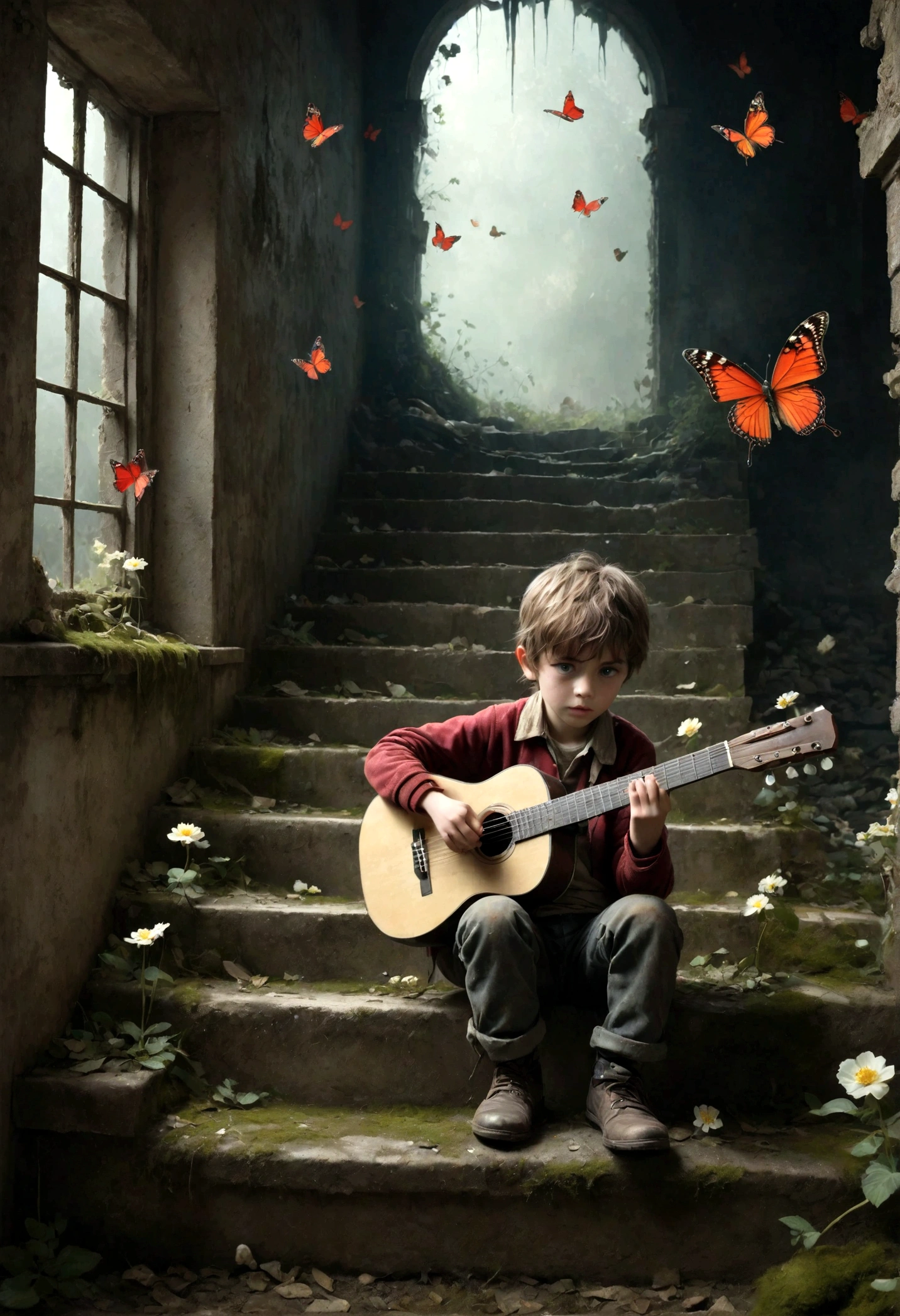 Gunfire outside the window，Little boy playing guitar in ruins, depressed, Eyes gaze，Dirty face，desolate, moss covered, Dilapidated, dirty, (best quality,4k,8K,High resolution,masterpiece:1.2),Extremely detailed,(Practical,photoPractical,photo-Practical:1.37),Dark Fantasy,severe,Mood lighting,Dramatic shadows,Movie,moody color palette,Soft Tones,Rubbish,rot,weathered，tattered，Small white flowers，Dungeons，cemetery，Black and Red，There is a broken bowl in front.，Footprinting，stairs，vine，rainwater，Swarms of glowing butterflies，A group of transparent wandering souls， Ghost