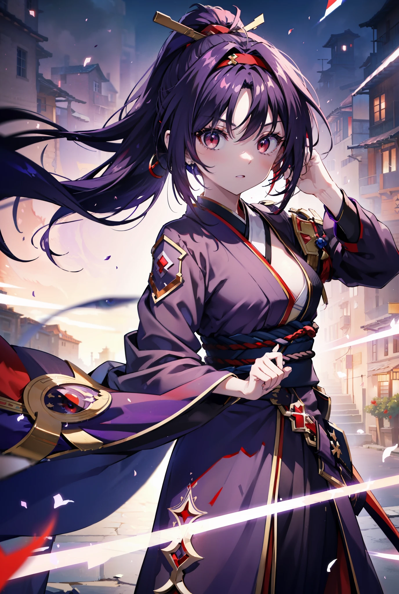 yuukikonno, Yuki Konno, hair band, Long Hair, Pointed Ears,ponytail, Purple Hair, (Red eyes:1.5), (Small breasts:1.2), Open your mouth,Purple kimono,Red too,boots,Hold the sword grip in your hand,
break looking at viewer, Upper Body, whole body,
break outdoors, Medieval European streets,
break (masterpiece:1.2), highest quality, High resolution, unity 8k wallpaper, (shape:0.8), (Narrow and beautiful eyes:1.6), Highly detailed face, Perfect lighting, Highly detailed CG, (Perfect hands, Perfect Anatomy),