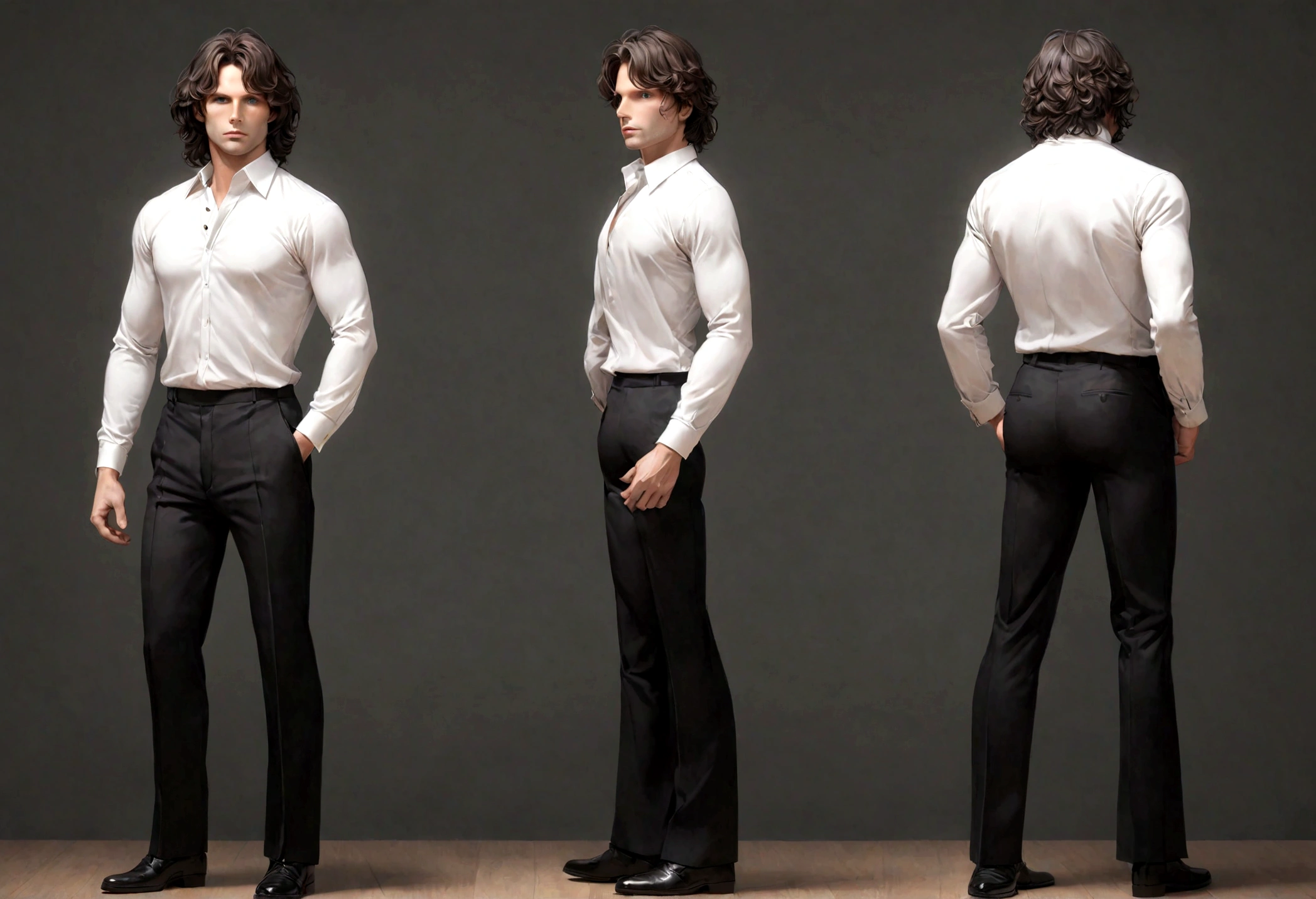 (traje de etiqueta para hombre), ), (con poca barba,) (ojos color cafe claro), Aspecto atractivo y serio, cabello oscuro, Elegante y con estilo, Camiseta de cuerpo fuerte afeitada, Un hombre similar al actor Jim Morrison, (Imagen realista y de alta calidad), Apartamento escandinavo en el fondo simple de un cuarto, ((La mejor calidad, 8K, obra maestra).((pose dinamica))