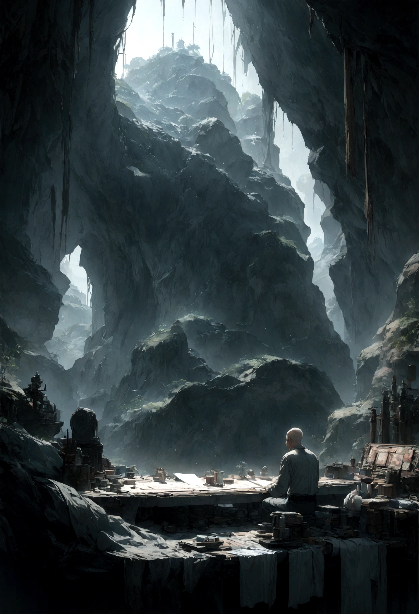 An old man meditating facing the wall inside a cave、Bleak、Nothing、Back view、Skinhead、Cover with cloth、Art Station, High resolution, Intricate details, Cinematic, highest quality, 4K, 8k, High resolution, masterpiece
