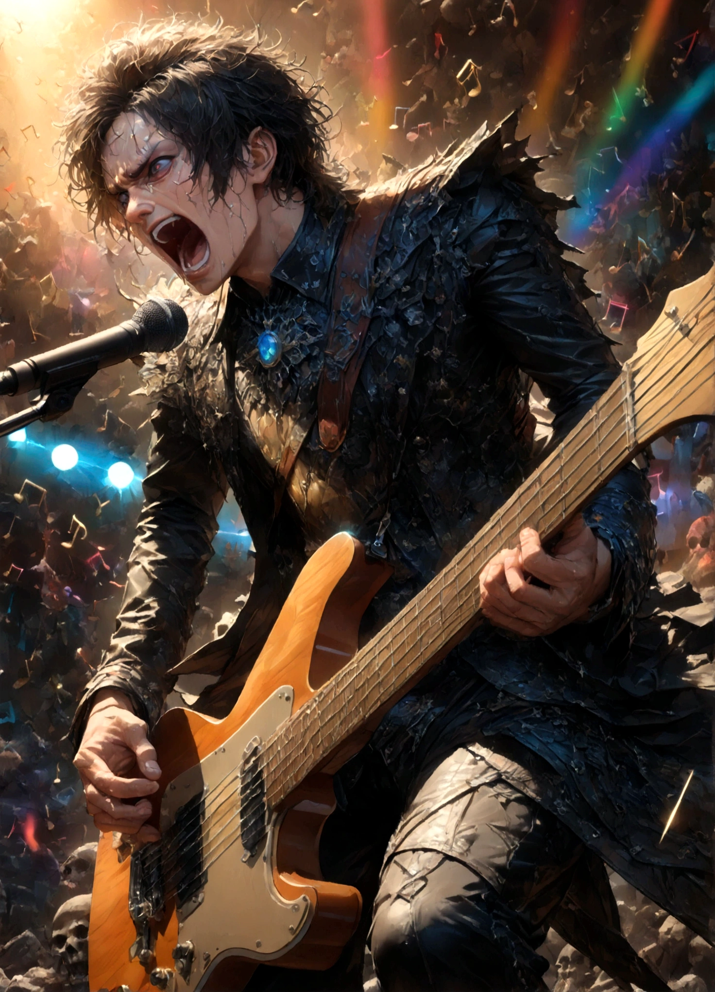 1 male,close up shot,focus on men,moderately muscular,The man is a guitarist and vocalist in a rock band.,neutral black short hair,the man is facing forward,A man is playing a black electric guitar,(masculine face),The man looks like he's half yellow and half white.,((Singing as if screaming: 1.3)),photoreal,Black rock musician costume details,angry face,suffering,sorrow,anatomically correct,(masterpiece:1.3),(highest quality:1.4),(ultra detailed:1.5),High resolution,extremely detailed,unity 8k wallpaper,draw artistic background,(Draws an abstract and decadent image in the dark,with a large number of gray skeletons and colorful musical notes),(Please vary the size of the notes to create a sense of perspective),beautiful light and shadow,This image is a rock music poster,Please draw the man carefully and intricately.,dark fantasy,intricate details,unbelievably absurd,energetic,rock,cool,punk rock or hardcore music,concert venue lighting,BREAK,Black rock musician costume details,(masterpiece:1.3),(highest quality:1.4),(ultra detailed:1.5)