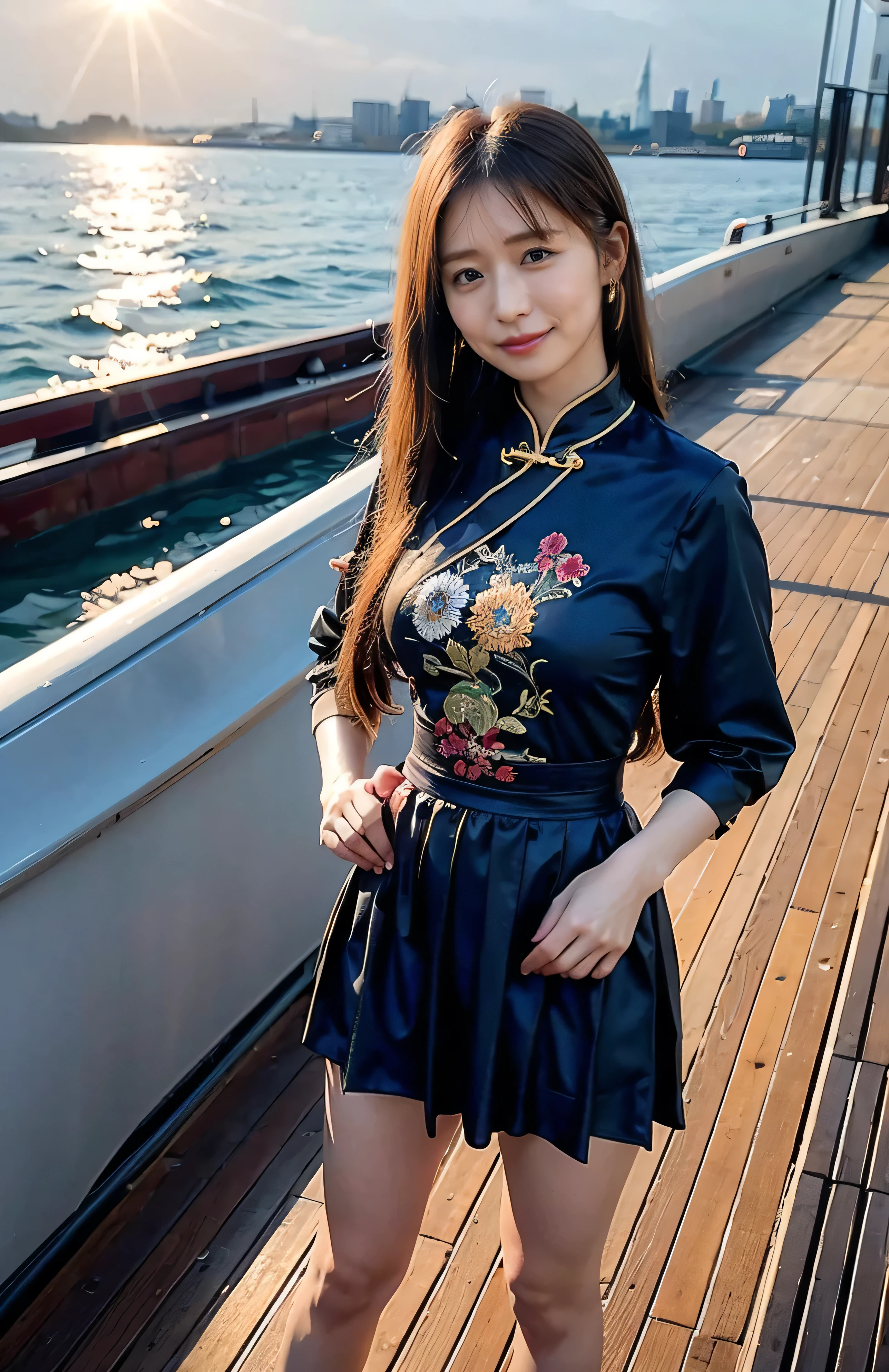 The sky turns red、Toast with red wine、hair ornaments、Tie your hair elegantly、Gorgeous silk cheongsam、((Standing on a boat with one hand on hip、Luxurious and shiny navy-colored Chinese dress with embroidered long skirt:1.4)).A luxurious and shiny silk cheongsam、A luxurious navy blue cheongsam with embroidery、Woman standing on a boat、Light brown hair、Elegant hairstyle、Blue Eyed Woman、A woman with a cute upward gaze、When the sky gets dark、The gentle light of the ship shines、The sky turns red as the sun sets、Tight clothing that shows your body lines、、Elegant navy blue summer knit、Elegant black summer sweater、Short skirt、Dress elegantly着こなす、Luxury Bagedium Shorthair:1.4))、Skyscrapers seen across the sea、Manhattan 私sland is visible offshore、Woman on a sightseeing boat、、The sun shines on her、Light brown hair、Light brown hair、The sky was dyed red、There are clouds、private's cute、An elegantly dressed woman is sitting on a boat and watching the sunset、Her ample breasts are obvious even through her clothes..、The shining sun is so beautiful、Dusk is approaching、Lens flare、I can see the sunset、((Sunlight reflecting off the ocean、Ocean View、The sun shines on the sea、'beautiful.、Small earrings、private'evening、Birds are also flying、、Brown Hair Color、Tying up hair、The woman is on the right:1.4))、Luxury Leather Belts、Shiny clothes、Light beige hair color、Background Blur、Braid only the front hair、Light brown hair、{{Cowgirl Shot}}、((Close-up shot from the waist up、Ample breasts:1.4))、Smile、Silk clothing、Ample breasts that can be seen even through clothes、Braid only the front hair、Cowboy Shot、Gorgeous white collared silk shirt and brown skirt、Dress elegantly、Luxury Bags、A lovely smile、((Ample breasts))、Full body photo、ring、Short skirt、Tuck your hair behind one ear、Silver Necklace、smile、 Elegant ponytail、Caustics、Highly detailed photos、Very beautiful and ideal short hair、Super no makeup、(8k、RAW Photos、highest quality、masterpiece:1.2)、(Realistic、Realistic)、1 girl、((Medium Short Hair、Looking into the camera:1.4))、Hair blowing in the wind