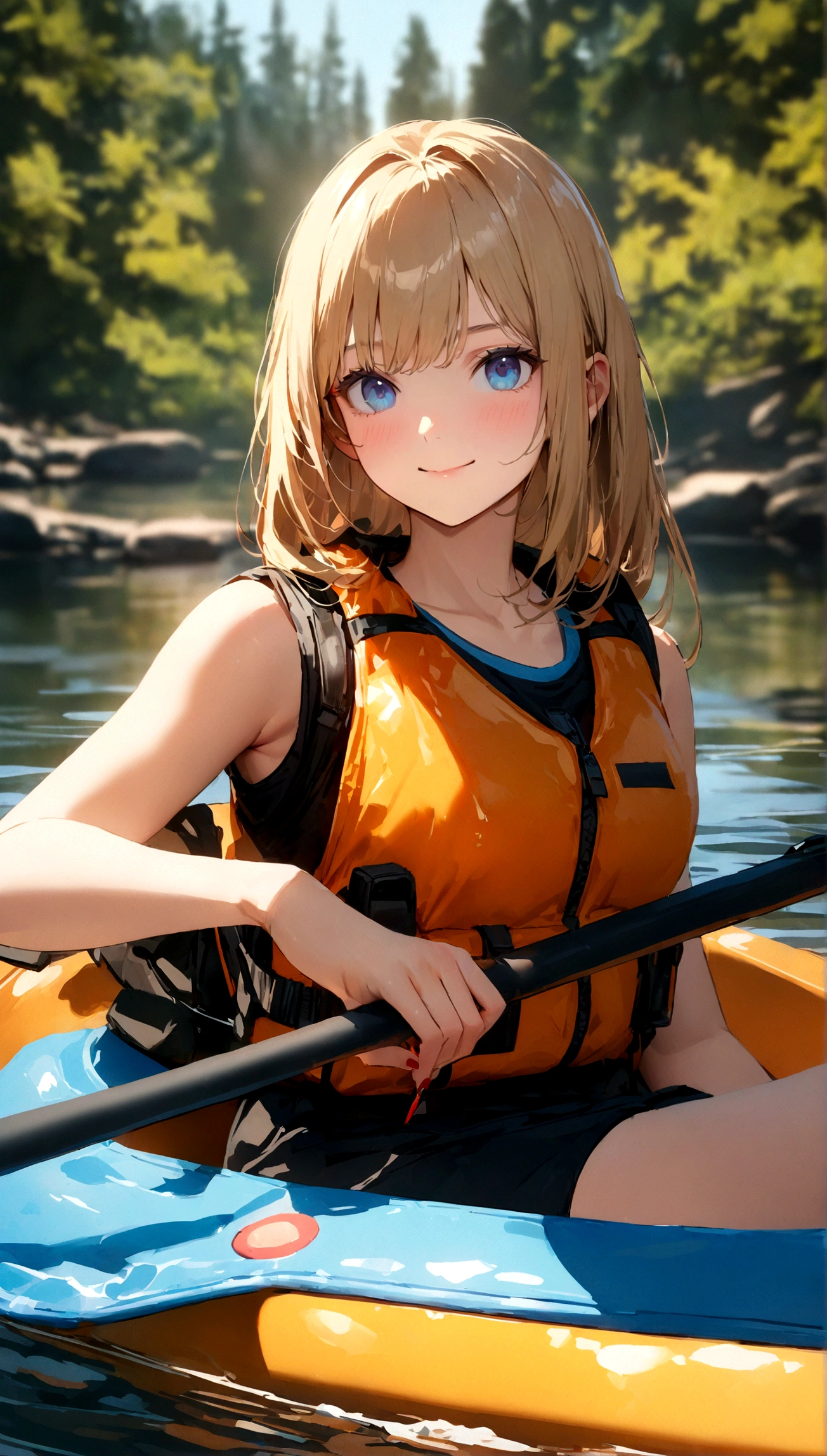 ((Best quality, 8K, Masterpiece: 1.3, Ultra HD, High quality, High resolution, Realism)), Very beautiful Caucasian female 22 years old, Blonde hair color, Blue eye color, Straight hair, Smiling, Slim but well-proportioned body, Blurred background ((Depth of field)), Aerial perspective ((Atmospheric perspective)), Wanting to keep head off-screen, Wearing anklets on ankles, Red nail polish, Getting a pedicure, Lake in the woods, Riding a kayak ((Kayak)), Wearing a life jacket and paddling through the water with an oar
