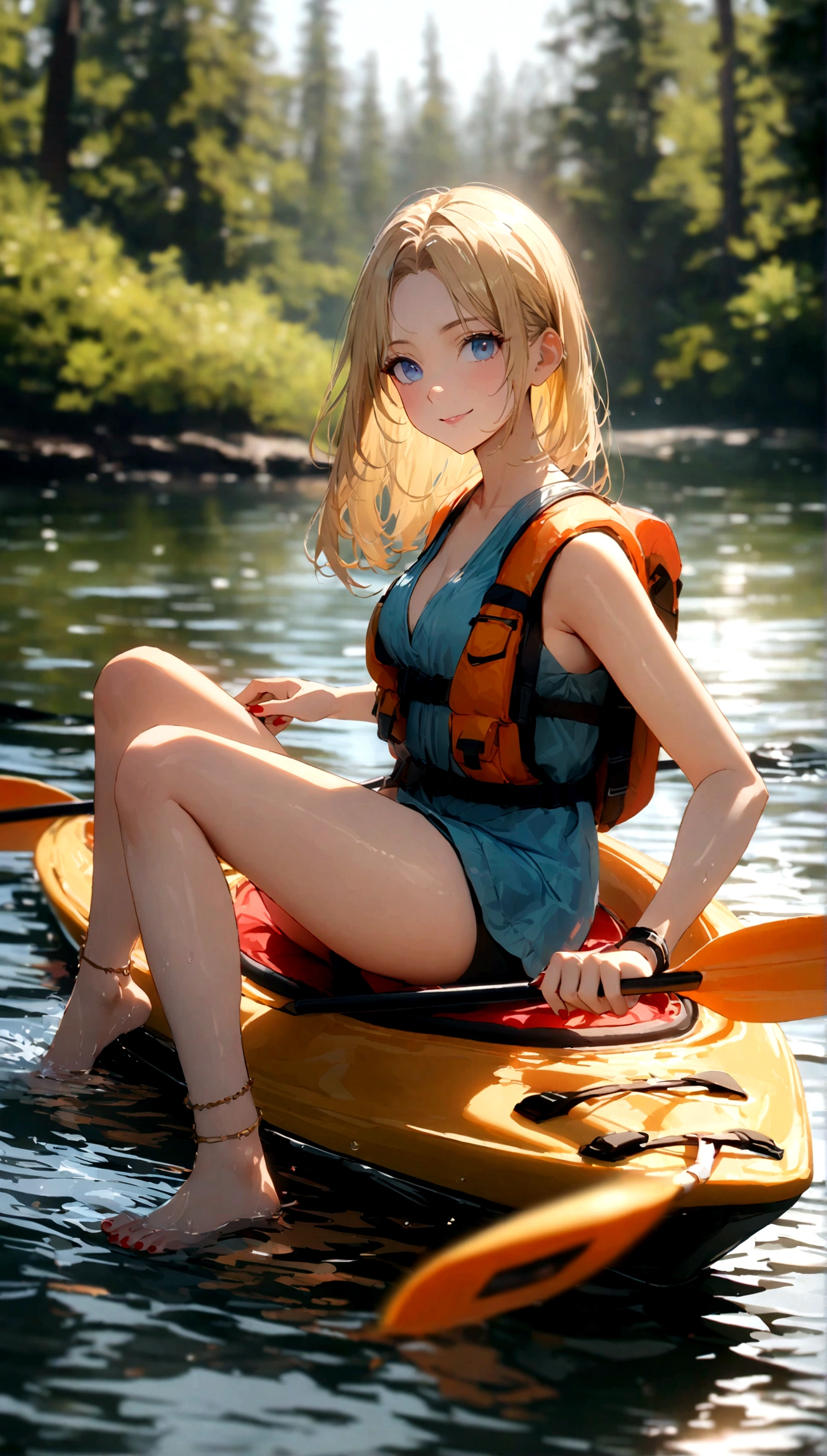 Very beautiful 22 year old Caucasian woman, blonde hair, blue eye color, straight hair, smiling, slim but shapely body, blurred background (depth of field), aerial perspective (atmospheric perspective), wanting to put her head out of the frame, wearing anklets on her ankles, red manicure, getting a pedicure, lake in the woods, in a kayak (kayak), wearing a life jacket and paddling on the water with an oar