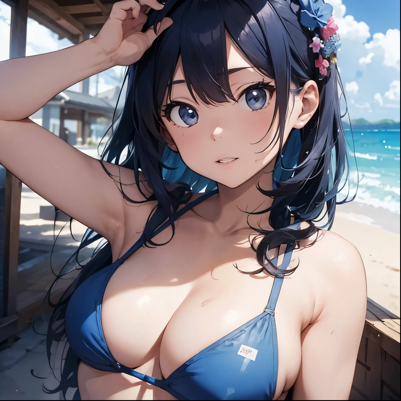 Blue haired girl drawn in high resolution Japanese anime style、whole body、Women in blue bikinis taking photos on a deserted beach, Bikini Model, , A young and cute gravure idol, Posing together in bras, Russian and Japanese mix, sakimichan, Asian woman, Wear a swimsuit, that'that'that'that'that'that'that'that'that'that'that'that'that'that'that'that'that'It's hot with the shining sun, Japanese Model, Cute Core, sakimichan hdri, Young Gravure Idol, Chubby