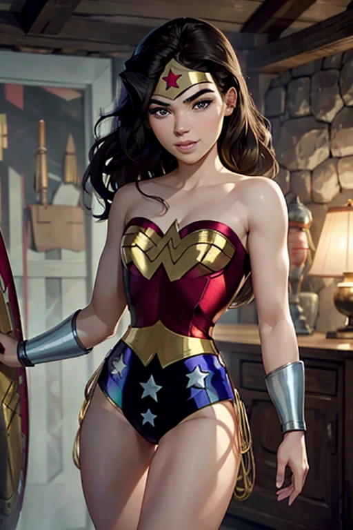 Realistic, Natural Beauty, Masterpiece, Hailee Steinfeld, Perfectly Accurate Face Proportion, Realistic Light Blue Eyes, Thick Eyebrows, Wonder Woman, Wonder Woman Tiara, Curve Wide Hips, Round Ass, Toned Thighs, Toned Arms, Grin On Her Face, Wonder Woman stands firmly with her shield in front. The tight suit outlines her powerful legs and the rounded shape of her buttocks. Her defensive posture, with one hand ready to draw her lasso, accentuates the snug fit of her suit, drawing attention to her athletic physique.