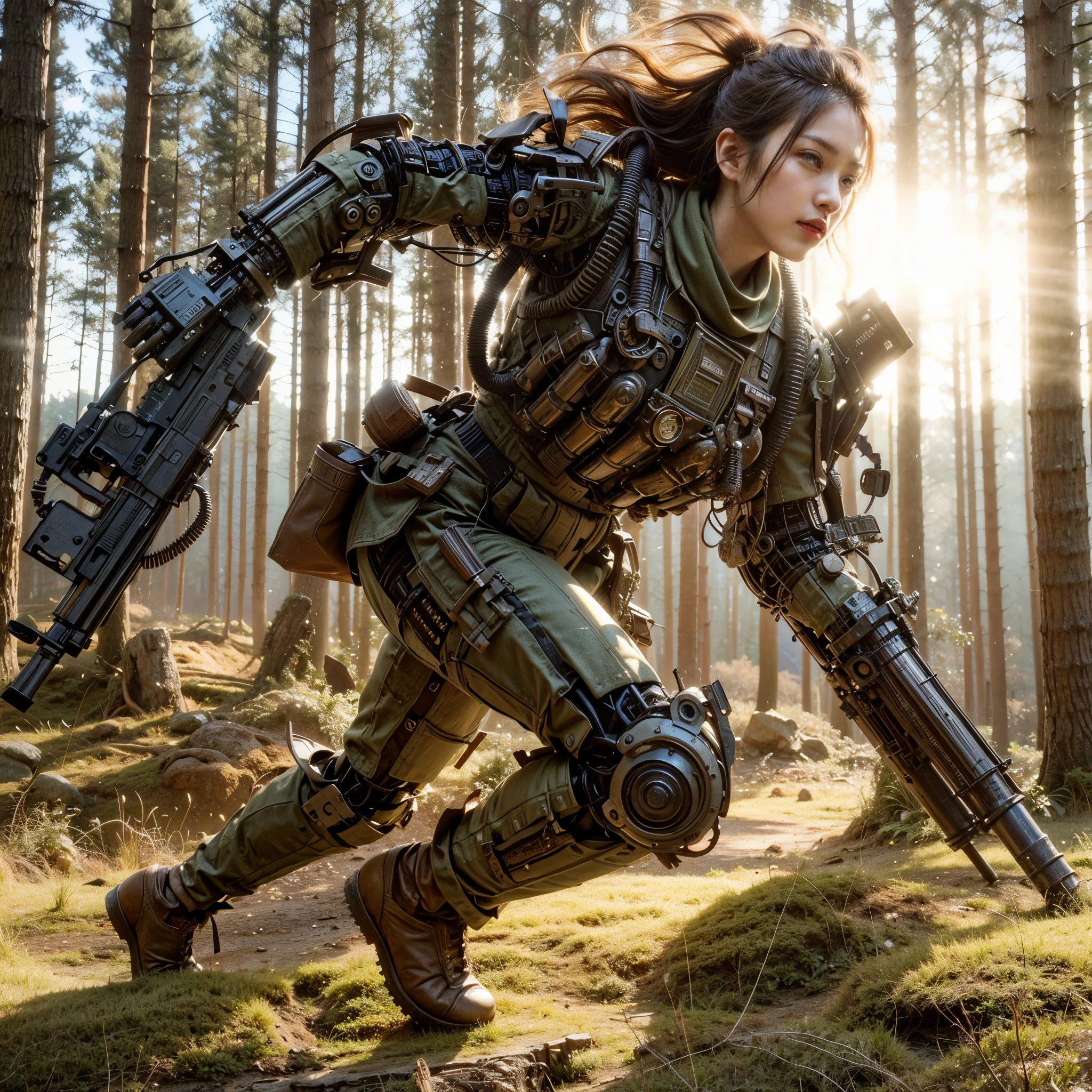 8K,Real Photo, Realistic Skin Texture, Super Realism, (WWII Era), (Mechanical Suit), Beautiful Forest Through Trees, Heavy Weapons, Vivid Textures, Beautiful Hair, Japanese Female Soldier, (Super Beautiful Face), Legs, ((Super Realistic All Textures)), ((Super Complex All Details))), full body shot, super clear photo results, olive drab color, scratches, rust, weathering, sweat, action poses in motion, steampunk, shot with Fujifilm X-T30 + Nokton. HDR10, at least 4 images created.