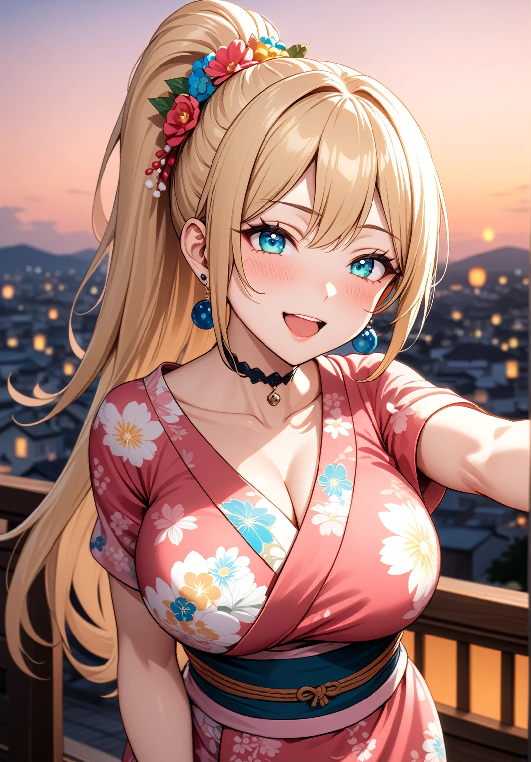 ((one personの女性)), Beautiful Face,Laughing embarrassedly,((Wink:2.0)),Laughing with your mouth open,(a woman requesting a hug. She has her arms open wide as if ready to embrace someone),((Red cheeks:1.3)),Light comes from an angle,Glossy pink lips,night,rooftop,Festive decorations,You can see the ocean, firework,((Anime style background)),masterpiece, highest quality, so beautiful, Latest, Complex details, (Pink long nails),(ring),(flower bracelet),Floral choker,AI-generated, Complex,High resolution, highest quality, super high quality,3D Images、View your viewers、3D Images,one person,Long Blonde Hair,High Ponytail,Turquoise Eyes,Anime woman posing for a photo, (Fine grain,Colorful eyes,Shining Eyes:1.4),(Squint your eyes:1.1),a hyperRealistic , hyperRealistic , Realistic,Blonde anime woman with long hair, Smooth anime CG art, A woman in a colorful kimono with gold embroidery, (Pink kimono),Red floral pattern,Long flower hair ornament,Large floral earrings,(ring),(Big Breasts:1.1),Mature Body,Tall,Big Ass,Fine details,Tight waist,Abdominal muscles,(Face close up:1.6),(Tilt your face), Shooting from an angle,