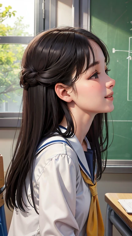 high school girl、classroom、Window seat、Upper Body、Daytime、A little forward、A little happy face、profile