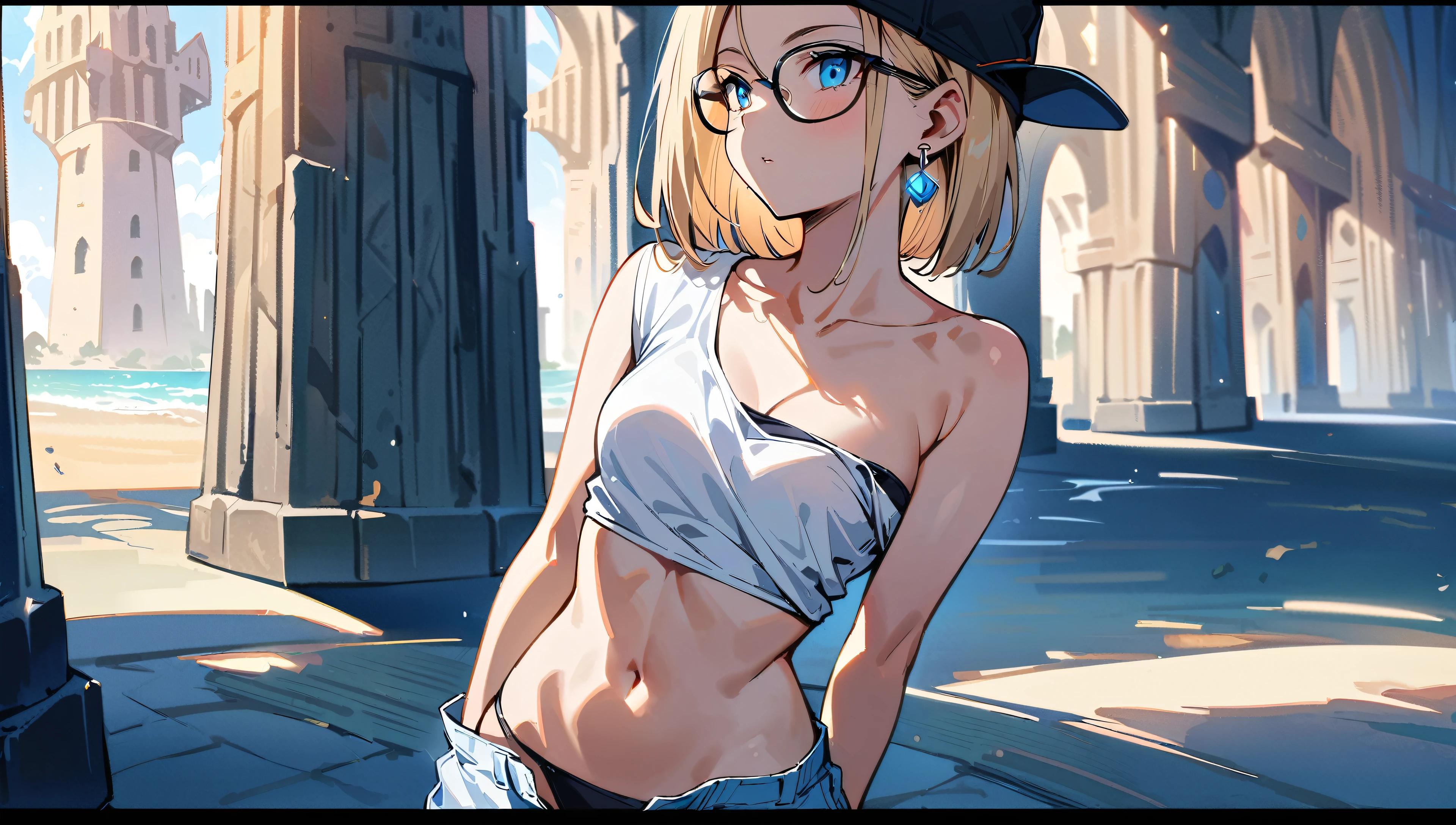 (masterpiece, best quality:1.2), full body shot, solo, Android 18 from Dragon Ball, collarbone, cleavage, ((slip-on one-shoulder crop top)), (light gray top:1.2), no jacket, midriff-baring, navel, ((white baggy pants with one button undone)), strings of thong underwear slightly visible, small breasts, short blonde hair loose, ((blue eyes)), ((wearing glasses)), earrings on earlobes, slender feminine figure, narrow waistline, skinny body, (plane black cap), (cap without logo), beach sandals, sunlight, head tilt, looking at viewer, light blush, paw pose, the Eiffel Tower, outside, natural lighting and shadows, blur background, 4K