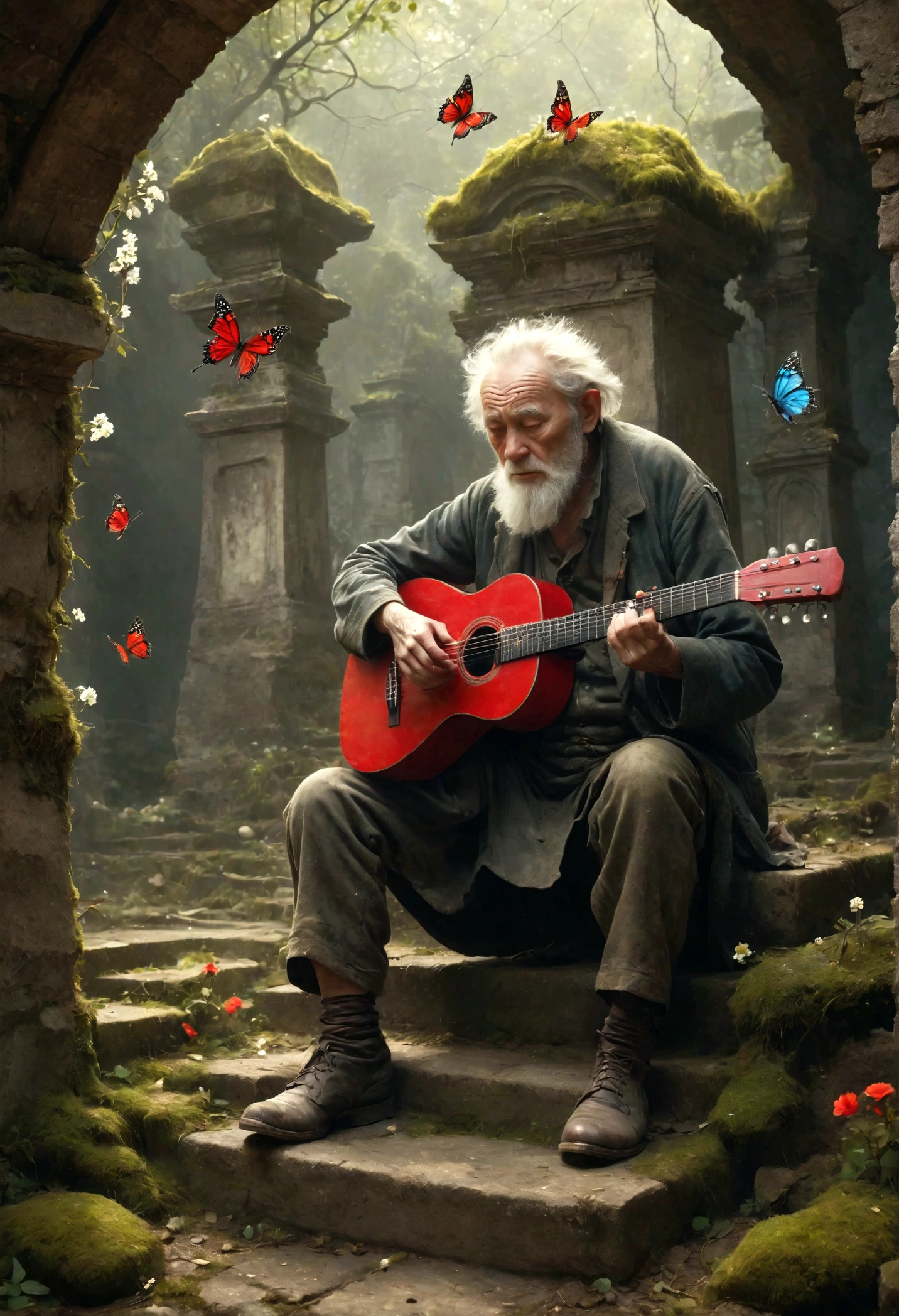 Wandering old man playing guitar, depressed, desolate, moss covered, Dilapidated, dirty, (best quality,4k,8K,High resolution,masterpiece:1.2),Extremely detailed,(Practical,photoPractical,photo-Practical:1.37),Dark Fantasy,severe,Mood lighting,Dramatic shadows,Movie,moody color palette,Soft Tones,Rubbish,rot,weathered，tattered，Small white flowers，Chinese tombs，Dungeons，cemetery，Black and Red，There is a broken bowl in front.，stairs，vine，rainwater，Swarms of glowing butterflies，A group of transparent wandering souls， Ghost