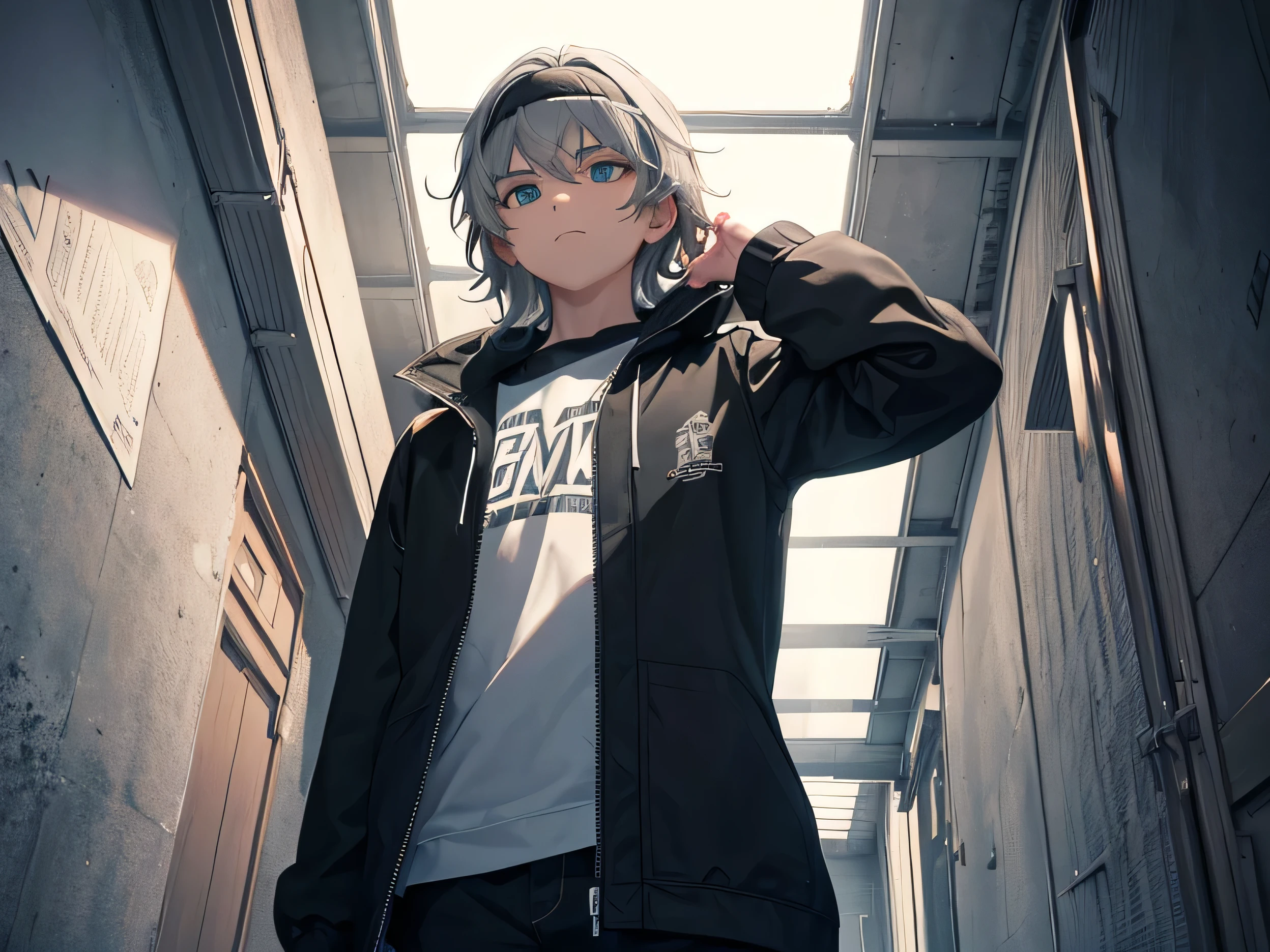 a detail close up person, ((8k)), (face detailed), (viewpoint from below) ((full body shot)), a gray-haired ( boy) brownish skin with a gloomy face without a pale expression wearing black headband lean againts the corner of the wall, looking up with a dead gaze looking at the point view but his green eyes are covered by his hair, sunlight shines in from the side darken the other side