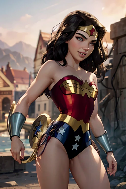 Realistic, Natural Beauty, Masterpiece, Hailee Steinfeld, Perfectly Accurate Face Proportion, Realistic Light Blue Eyes, Thick Eyebrows, Wonder Woman, Wonder Woman Tiara, Curve Wide Hips, Round Ass, Toned Thighs, Toned Arms, Grin On Her Face, Wonder Woman stands firmly with her shield in front. The tight suit outlines her powerful legs and the rounded shape of her buttocks. Her defensive posture, with one hand ready to draw her lasso, accentuates the snug fit of her suit, drawing attention to her athletic physique. Back view 