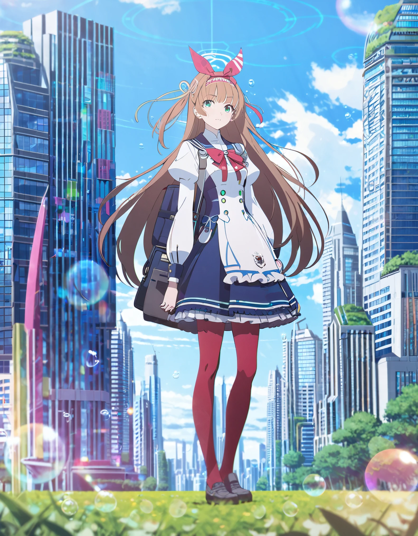 (best quality,4k,highres),ultra-detailed,portraits, Japaneese school girl, green eyes, long brown hair,anime style,futuristic, Frutiger Aero aesthetic, eco- modernism, bokeh, ribbon headband,small breast,futuristic sailor ****ta dress,puffy sleeves,white and blue,colorful lighting, red ribbon, navy blue pantyhose, school shoes, school bag, school crest, floating bubbles, standing in a green field with futuristic skyscrapers in the background, blue sky with clouds, tertiary colors, highly detailed, 4K.