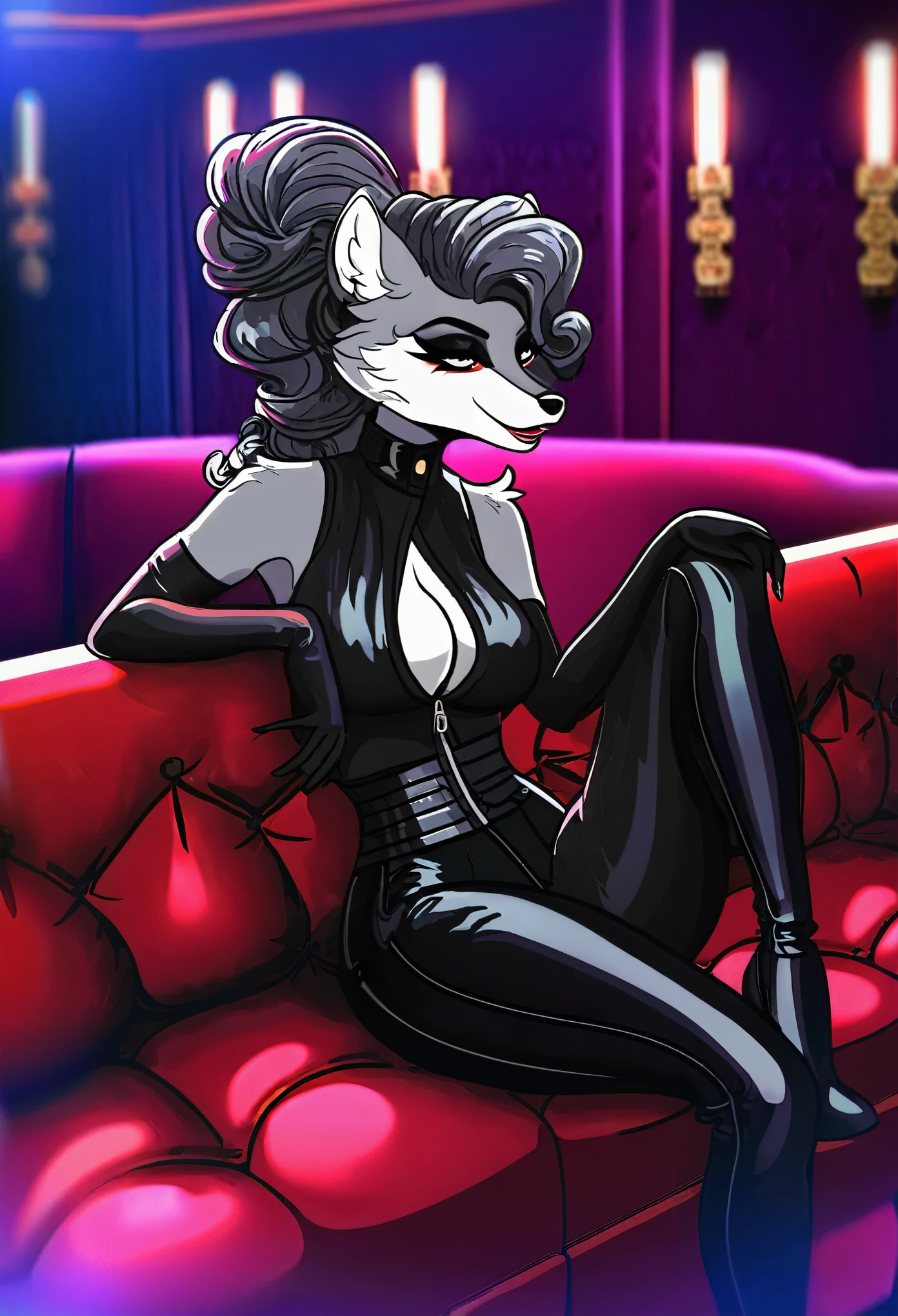 Detailed image, High quality, 4K, detailed face, portrait, anime style, female grey racoon, Mafioso, furry, Fluffy fur, thief, long wavy hair pulled back into an elegant updo, high waist leather shorts, leather vest, leather boxing gloves, black thigh high boots, sitting on the sofa in the VIP room of the brothel