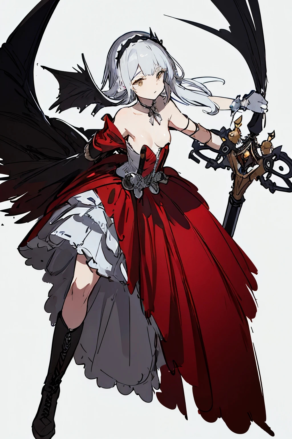 ((best quality)), ((masterpiece)), (detailed), 1girl, off-shoulder, blank white background, plain background, white background, red and white clothing, Bloodborne inspired, occult aesthetic, occult, detailed and intricate steampunk and detailed gothic, various different types of insect wings, NSFW, Very dramatic and cinematic lighting, cosmic horror, grim-dark, side-lighting, perfect face, NSFW, Fluttering lace flared dress with frilly petticoats, pleated petticoats, petticoats gothic, complex lace boots, side-lighting, gothic ta aesthetic, wielding a mighty sword with mechanical components, carbine, NSFW, beautiful small breasts, small breasts, full body, whole body, body, plain background, white background, blank background, no background, white background NSFW, chains, full body, whole body, head-to-toe NSFW