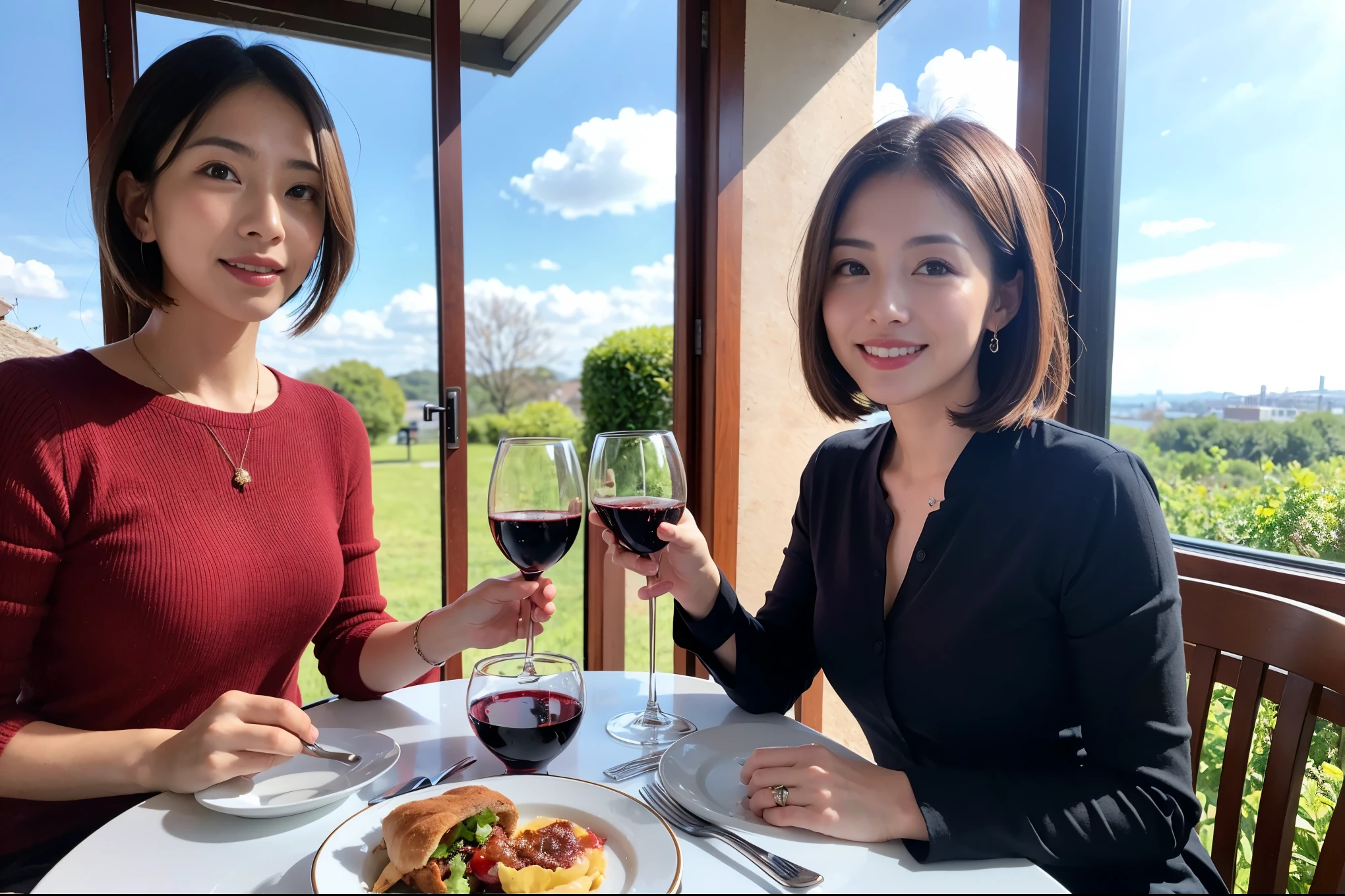 ((highest quality、8k、masterpiece:1.3))、1 male、1 female、A lover who resembles Satomi Ishihara、Beautiful couple、smile、full-course dinner、 (Slim face), (the body is スリム), (Brown Hair), (short hair), テーブルの上のwine glass、Please shine a light on my face、 Amazing view of the sunset sky and clouds、 (Age 37), 39 years old, red wine 、Appetizers、Italian food、Wine bottle、Champagne、sparkling wine、Long sleeve shirt、dress、White wine, red wine, wine glass, 