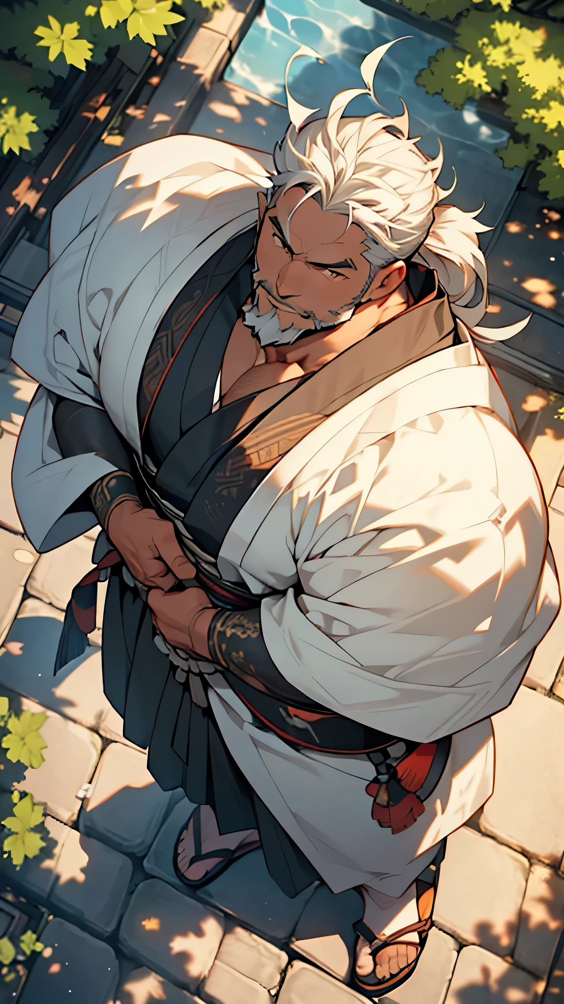 male，Thirty years，samurai，Muscular，half up hair，Long Hair，White Hair，A male face，Hanging eyes，Thick eyebrows，Thin beard on chin，White Beard，Black kimono，Japanese clothes with open chest，Thick body，(burly)，Sunlight filtering through the trees，((look at the sky dazzlingly))，Walk along the cobblestones，Wearing sandals，((overhead shot))，(8k)，(best quality)，(ultra detailed)，masterpiece，A faint smile，The light hits the face，Soft Light，Daylight，(from above:2)，exquisite，(crossed arms)