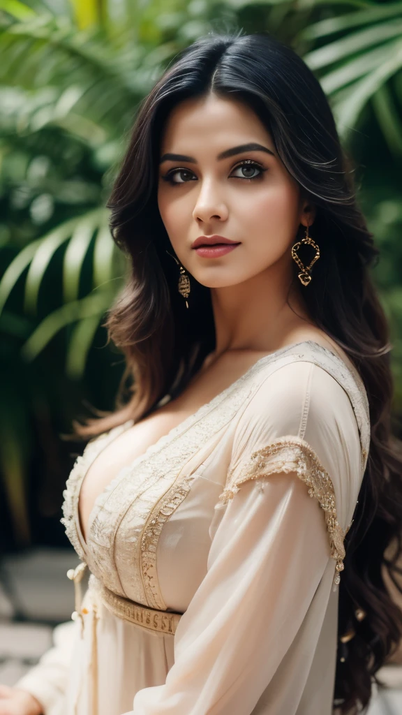 Portrait of A confident-looking indian princess from kamasutra with long flowing hair, hazel eyes, without flowing capes, Cleopatra fabric with laces, c-cup breasts, sitting in grass, water background, bokeh, perfect composition, hyperrealistic, super detailed, 8k, high quality, trending art, trending on artstation, sharp focus, nude studio photo, intricate details, highly detailed, art by greg rutkowski