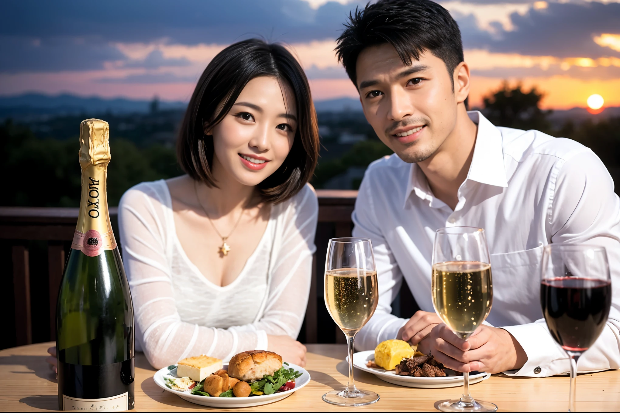 ((highest quality、8k、masterpiece:1.3))、lover、spouse、Beautiful couple、smile、full-course dinner、 (Slim face), (the body is スリム), (Brown Hair), (Short Hair), Wine glasses on the table、Amazing view of the sunset sky and clouds、 (Age 37), 39 years old, Wine bottle、Champagne、sparkling wine、Long sleeve shirt、dress、White wine, red wine, 