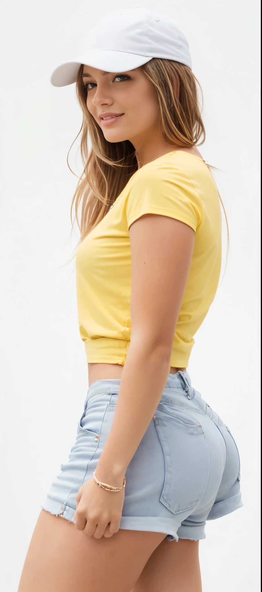 uma mulher de camisa amarela e short cinza posando para uma foto, wearing yellow corte superior, vestindo uma camiseta amarela moderna, roupas amarelas, corte superior, cintura - tiro, usando tops curtos, corte superior, vista lateral, pose lateral, camisa apertada, recortar, perfil lateral cintura para cima retrato, shorts, 2 modelo feminino de 4 anos, perfil de vista lateral