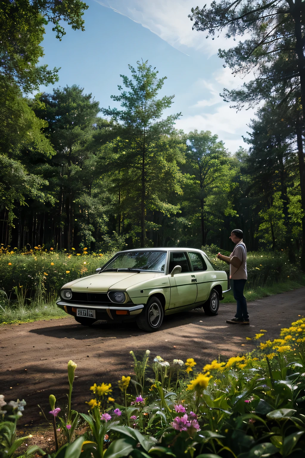 Forest and a car at in forest has some flower