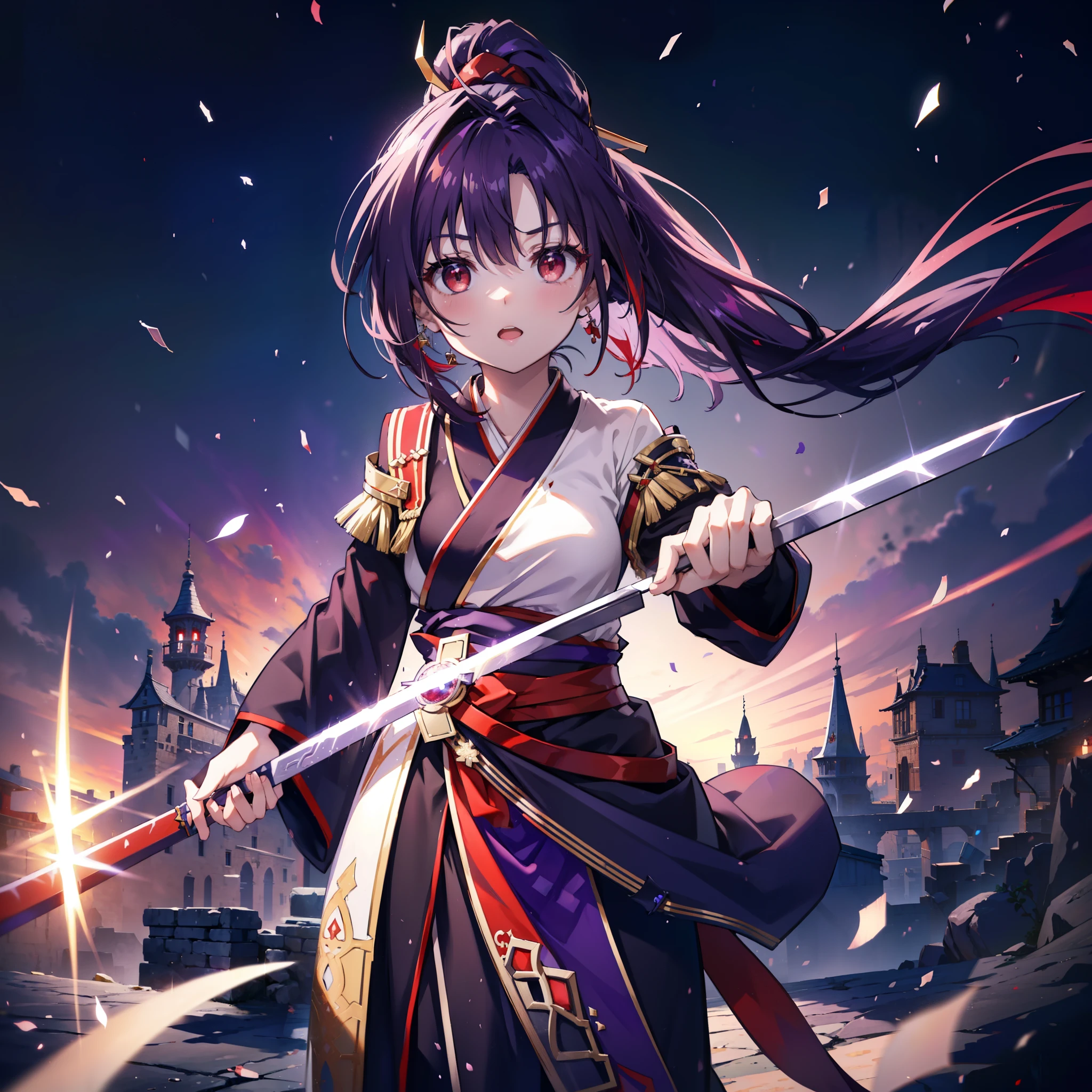 yuukikonno, Yuki Konno, hair band, Long Hair, Pointed Ears,ponytail, Purple Hair, (Red eyes:1.5), (Small breasts:1.2), Open your mouth,Purple Kimono,Red Hakama,boots,Hold the sword grip in your hand,whole bodyがイラストに入るように,
break looking at viewer, Upper Body, whole body,
break outdoors, Medieval European streets,
break (masterpiece:1.2), highest quality, High resolution, unity 8k wallpaper, (shape:0.8), (Narrow and beautiful eyes:1.6), Highly detailed face, Perfect lighting, Highly detailed CG, (Perfect hands, Perfect Anatomy),