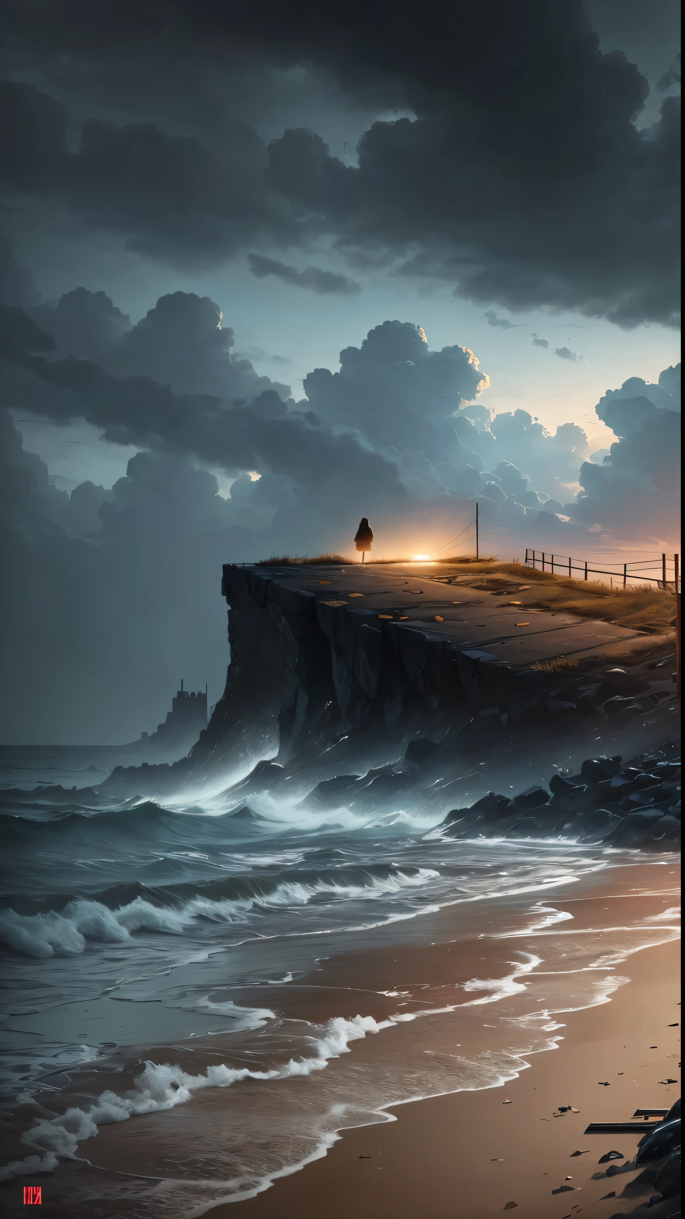 masterpiece(1.2)、highest quality:Beautifully enhanced with HDR effects、Ultra-detailed illustration of a lonely figure in cinematic lighting。The scene is、It is a post-apocalyptic beach scene with a desolate atmosphere.、Night engulfs the desolate coast。The girl sits delicately on the sand、Surrounded by plants that create a melancholic yet hopeful atmosphere。The gloomy sky is covered with thick clouds.、It creates an eerie moment of silence in a desolate landscape.。A young girl's windswept hair, etc.、The texture is intricately detailed.、The waves crashing on the shore、It adds to the beauty that stays in your mind.。