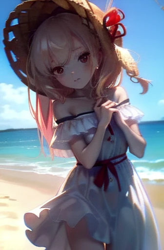 chisatonishikigi, nishikigi chisato,Long Hair , bangs, Blonde, (Red eyes:1.5), ,smile,blush,Open your mouth,Big straw hat,Off-the-shoulder dress,Long skirt,Bare neck,Exposing shoulders,bare clavicle,Grab the skirt with both hands and lift it up,barefoot,While walking along the sandy beach,blonde hair swaying in the wind, real summer,Light of the sun,
break outdoors,Beach ,
break looking at viewer, (Cowboy Shot:1.5),
break (masterpiece:1.2), highest quality, High resolution, unity 8k wallpaper, (shape:0.8), (Fine and beautiful eyes:1.6), Highly detailed face, Perfect lighting, Highly detailed CG, (Perfect hands, Perfect Anatomy),