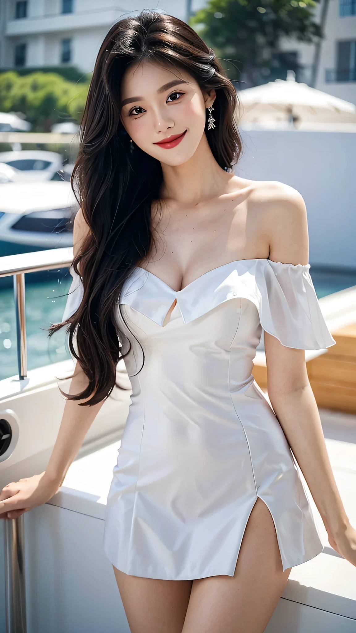 A sweet girl by the yatch,voluminous hair,Delicate face,Photorealsitic,of a real,largeaperture,wears a purple and white dress,A cropped dress,Off-the-shoulder,A dress around the neck,Slim,smiles,Ultra-high resolution, Blurred background