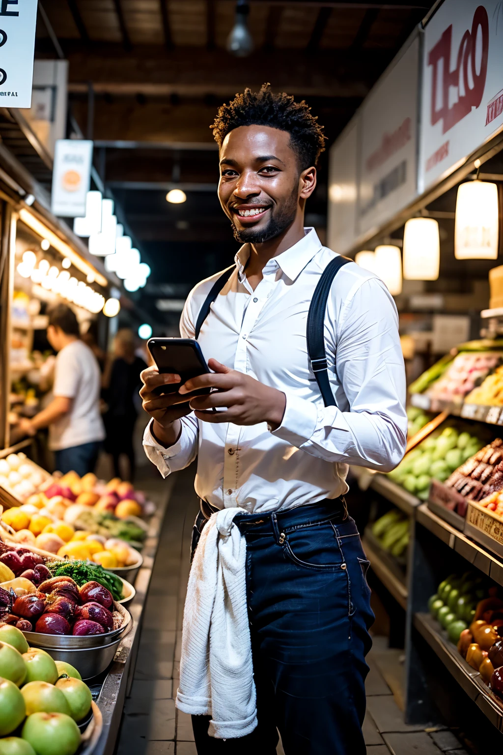 African man smiling at his phone in a market, green hue coming from phone, detailed expression on his face showing delight, surrounded by vibrant stalls and colorful goods, energetic and bustling atmosphere, Photography, captured with a Canon EOS R5 and a 35mm lens, --ar 16:9 --v 5