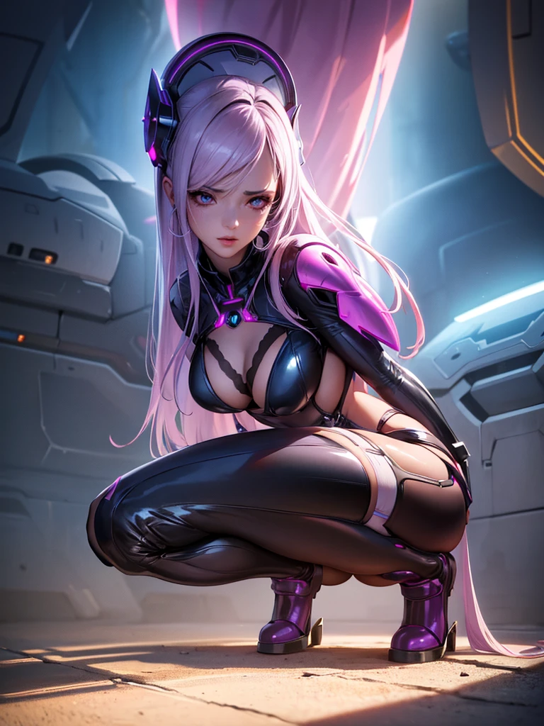 1girl, android girl, half futuristic metallic armor, half lingerie with stockings and garter belt, bustier with lace bra, latex whip, slim body, purple detailed eyes, pink and white hair, extremely detailed face, perfect facial symmetry, perfect body, on unknown planet, in the background futuristic spaceship, back view, crouched down, ass, looking at the viewer, concept art, digital painting, cinematic lighting, dramatic shadows, vibrant colors, intricate details, hyperrealistic, (best quality,4k,8k,highres,masterpiece:1.2),ultra-detailed,(realistic,photorealistic,photo-realistic:1.37)