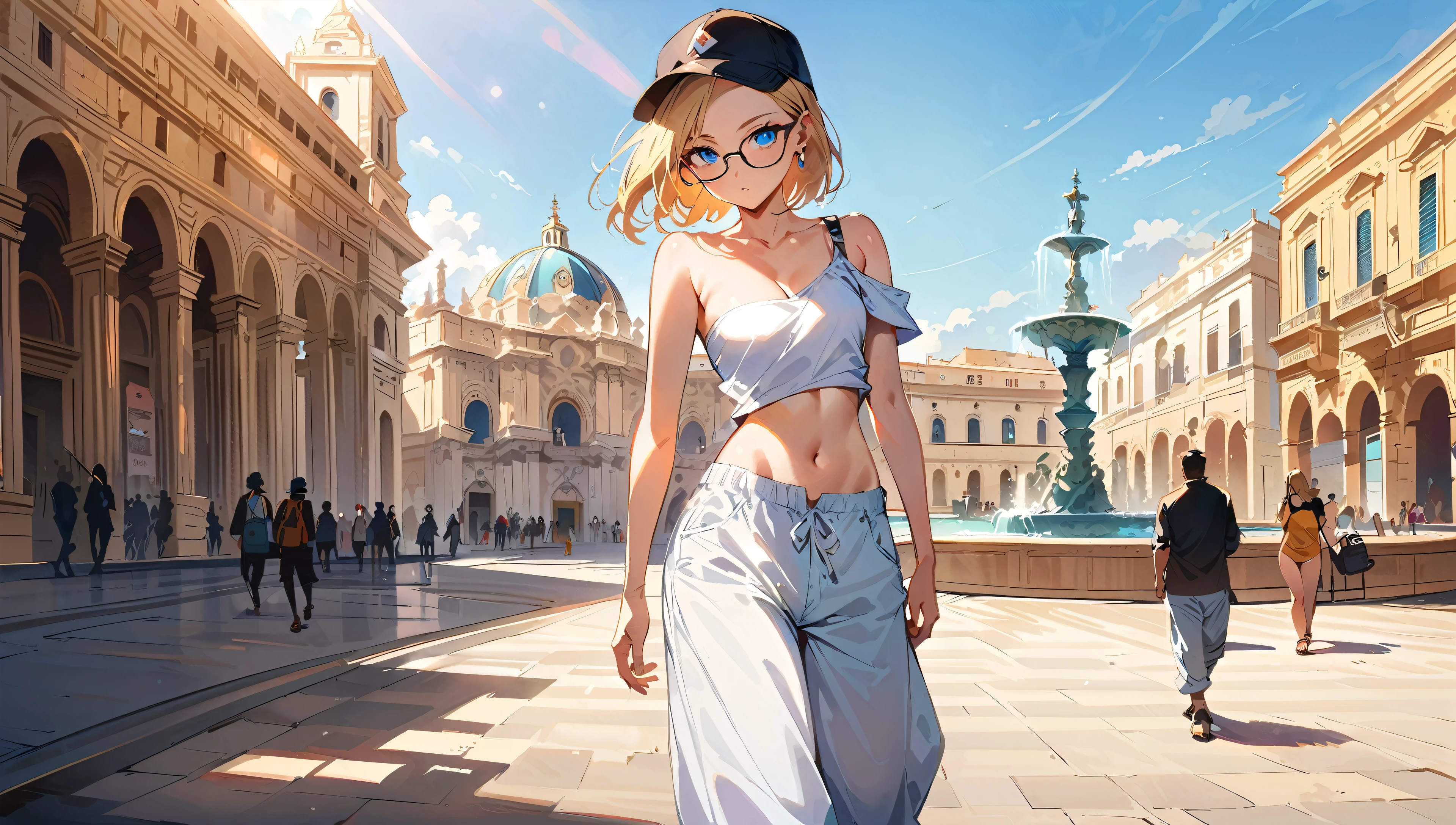 (masterpiece, best quality:1.2), full body shot, solo, Android 18 from Dragon Ball, collarbone, cleavage, ((slip-on one-shoulder crop top)), (light gray top:1.2), no jacket, midriff-baring, navel, ((white baggy pants with one button undone)), skimpy thong swimsuit, small breasts, short blonde hair loose, ((blue eyes)), ((wearing glasses)), earrings on earlobes, slender feminine figure, narrow waistline, skinny body, (plane black cap), (cap without logo), beach sandals, sunlight, walking, facing the camera, blur background, Malta, Valletta's large Triton Fountain, baroque architectural style, sunny day, natural lighting and shadows, people going about daily activities, 4K