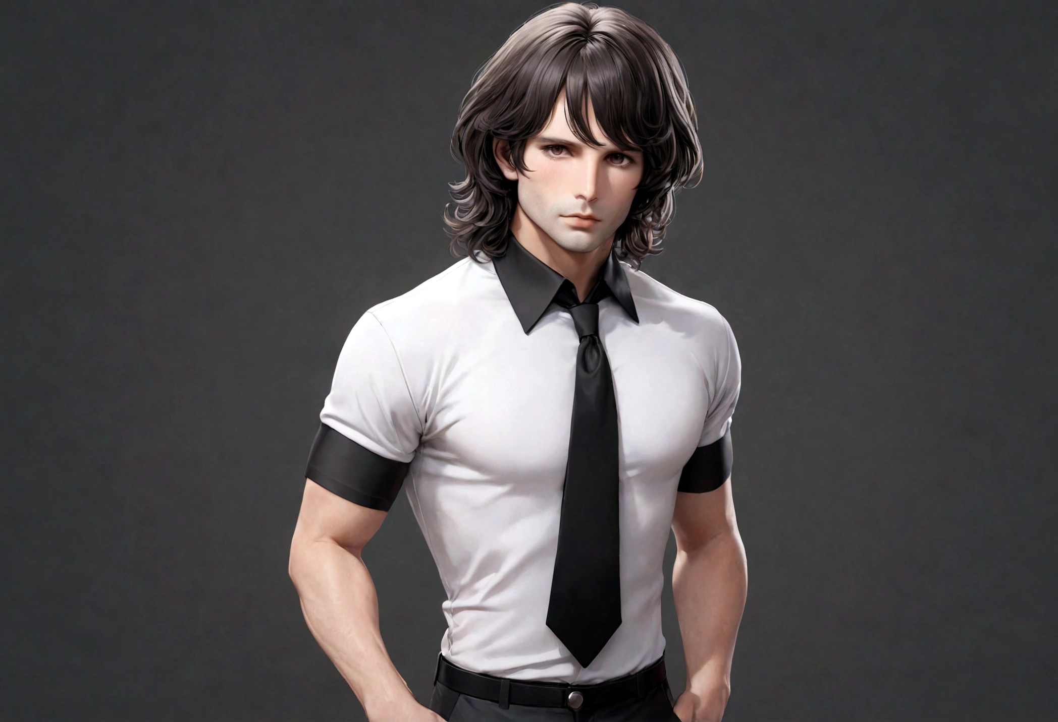 (traje de etiqueta para hombre), ), (con poca barba,) (ojos color cafe claro), Aspecto atractivo y serio, cabello oscuro, Elegante y con estilo, Camiseta de cuerpo fuerte afeitada, Un hombre similar al actor Jim Morrison, (Imagen realista y de alta calidad), Apartamento escandinavo en el fondo simple de un cuarto, ((La mejor calidad, 8K, obra maestra).((pose dinamica))