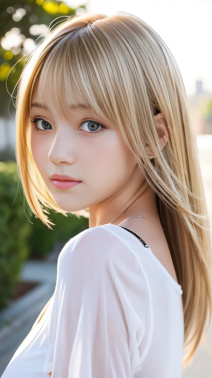 Sexy big 、Sexy cute looks and cute beautiful girl, Beautiful and sexy face、A strong wind blows my hair in front of my face、With short light blonde hair、Beautiful, cute and sexy eyes hidden behind long bangs。