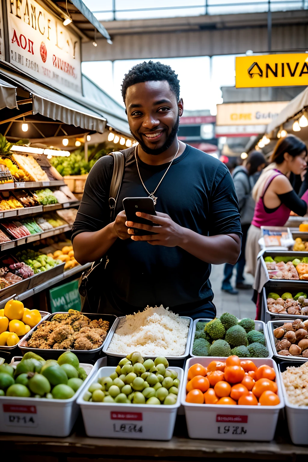 African man smiling at his phone in a market, green hue coming from phone, close-up of his face with a happy expression, market stalls filled with fruits and vegetables, lively and vibrant environment with people shopping, Illustration, digital art with bright and vivid colors, --ar 16:9 --v 5