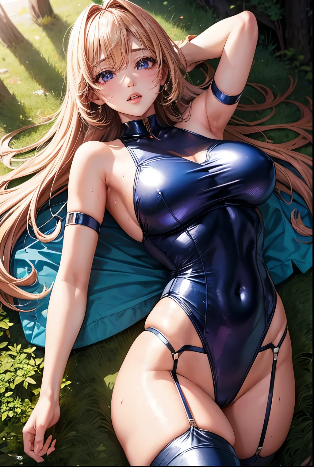 Korean Idols　Campaign girl　Campaign Girl　circuit　Super shiny enamel leotard with sponsor logo　Big Breasts　High leg　garter belt　Super Shiny Stockings　In the forest　Armpit　Depicted from below　Sweat